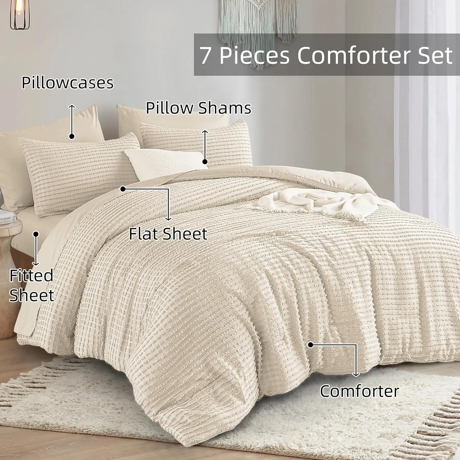 Yiran 7 Piece Beige Boho Comforter Set Queen Bed in a Bag Tufted Texture Comforter Set Fluffy Jacquard Geometric Bedding Set 90"×90"