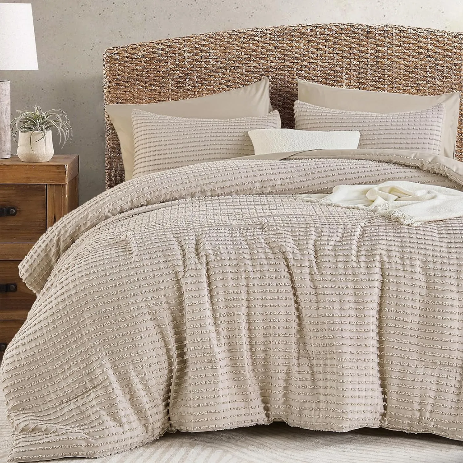 Yiran Khaki Tufted Texture Comforter Set Queen Size 7 Piece Bed in a Bag Boho Geometric Comforter with Sheet Set Fitted Sheet Pillowcases Fluffy Jacquard Soft Microfiber Bedding Set 90"×90"