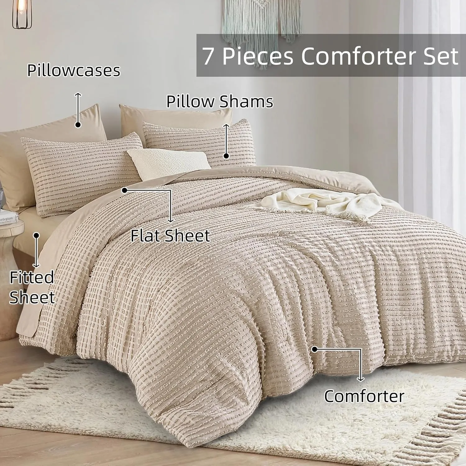 Yiran Khaki Tufted Texture Comforter Set Queen Size 7 Piece Bed in a Bag Boho Geometric Comforter with Sheet Set Fitted Sheet Pillowcases Fluffy Jacquard Soft Microfiber Bedding Set 90"×90"