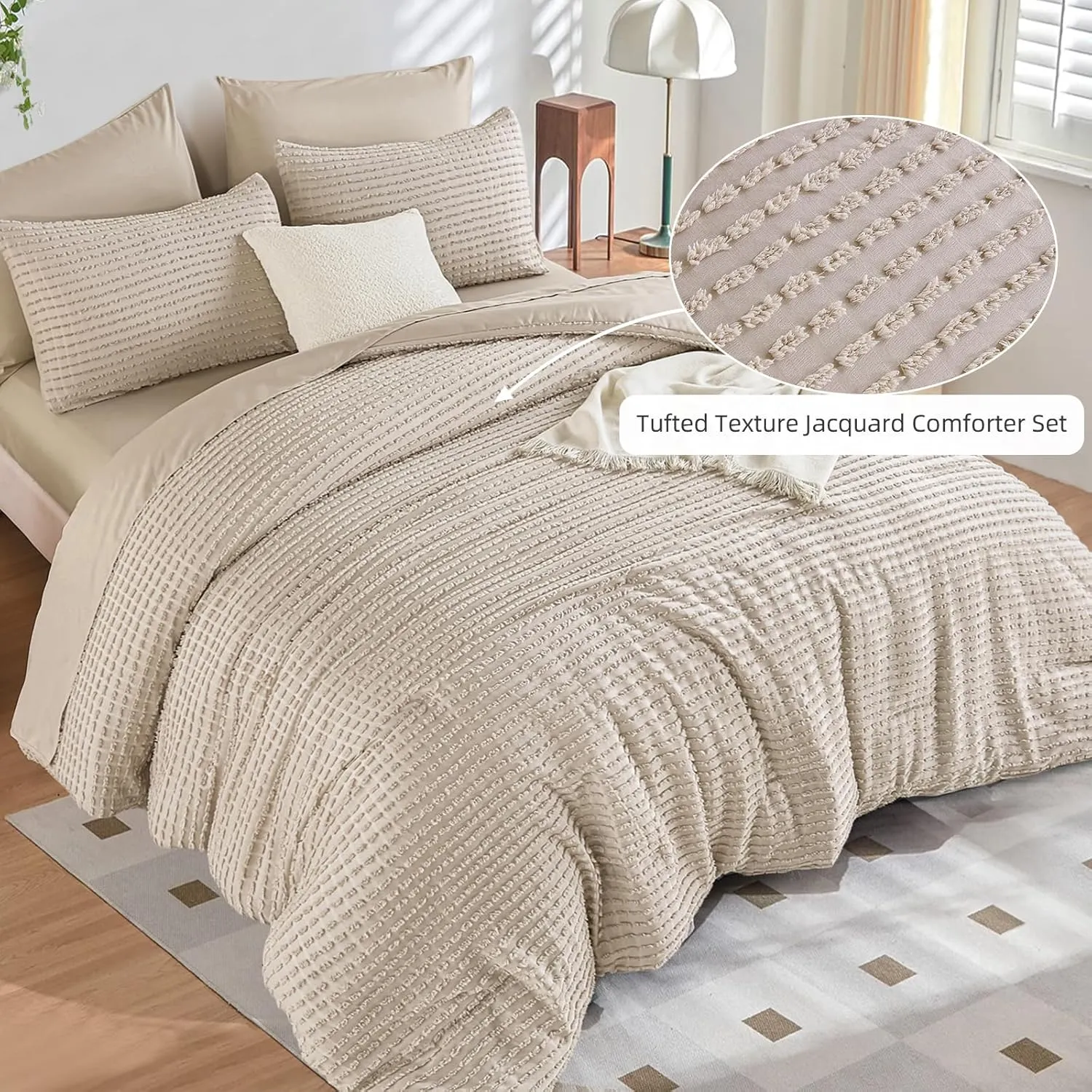 Yiran Khaki Tufted Texture Comforter Set Queen Size 7 Piece Bed in a Bag Boho Geometric Comforter with Sheet Set Fitted Sheet Pillowcases Fluffy Jacquard Soft Microfiber Bedding Set 90"×90"