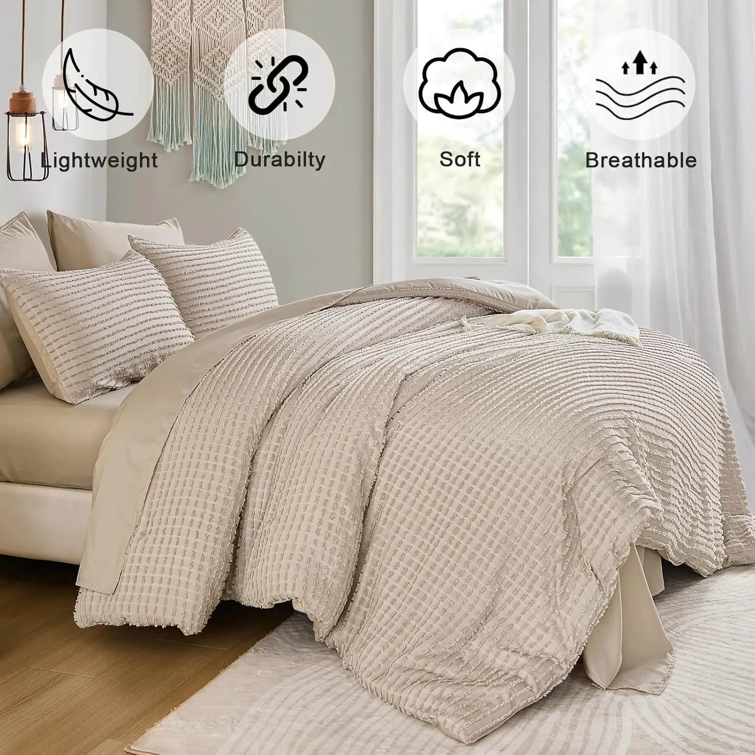 Yiran Khaki Tufted Texture Comforter Set Queen Size 7 Piece Bed in a Bag Boho Geometric Comforter with Sheet Set Fitted Sheet Pillowcases Fluffy Jacquard Soft Microfiber Bedding Set 90"×90"
