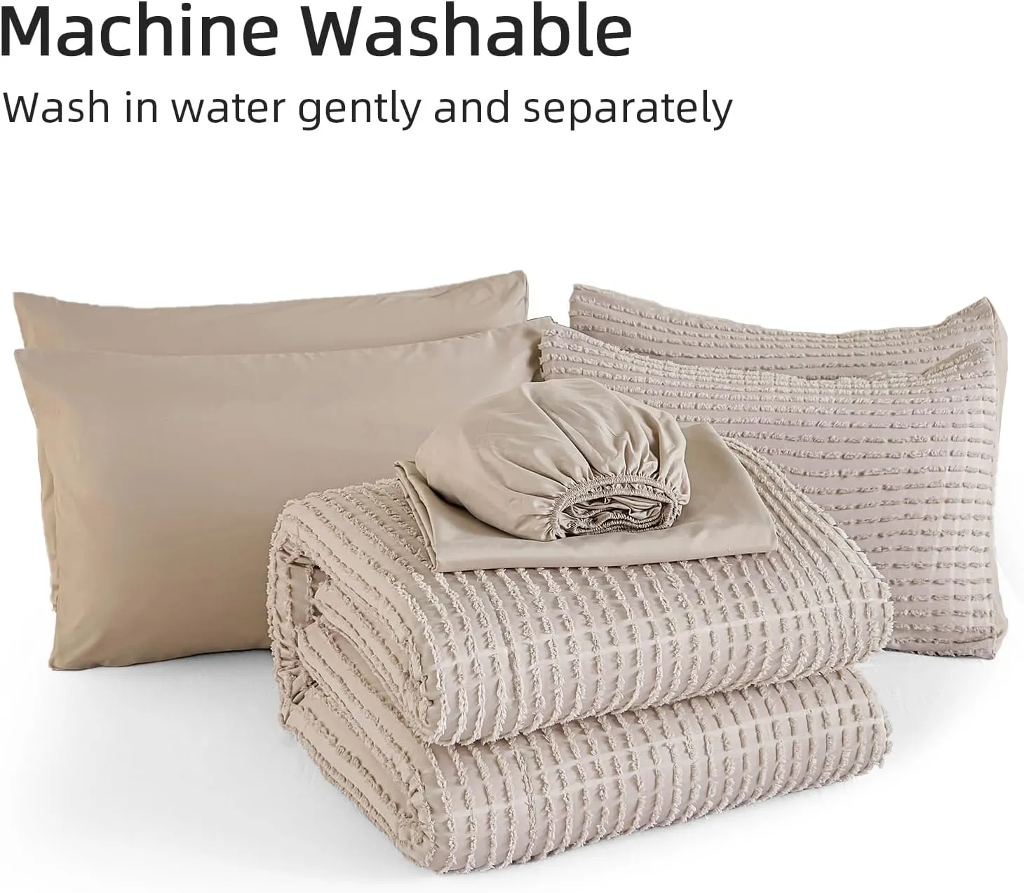 Yiran Khaki Tufted Texture Comforter Set Queen Size 7 Piece Bed in a Bag Boho Geometric Comforter with Sheet Set Fitted Sheet Pillowcases Fluffy Jacquard Soft Microfiber Bedding Set 90"×90"