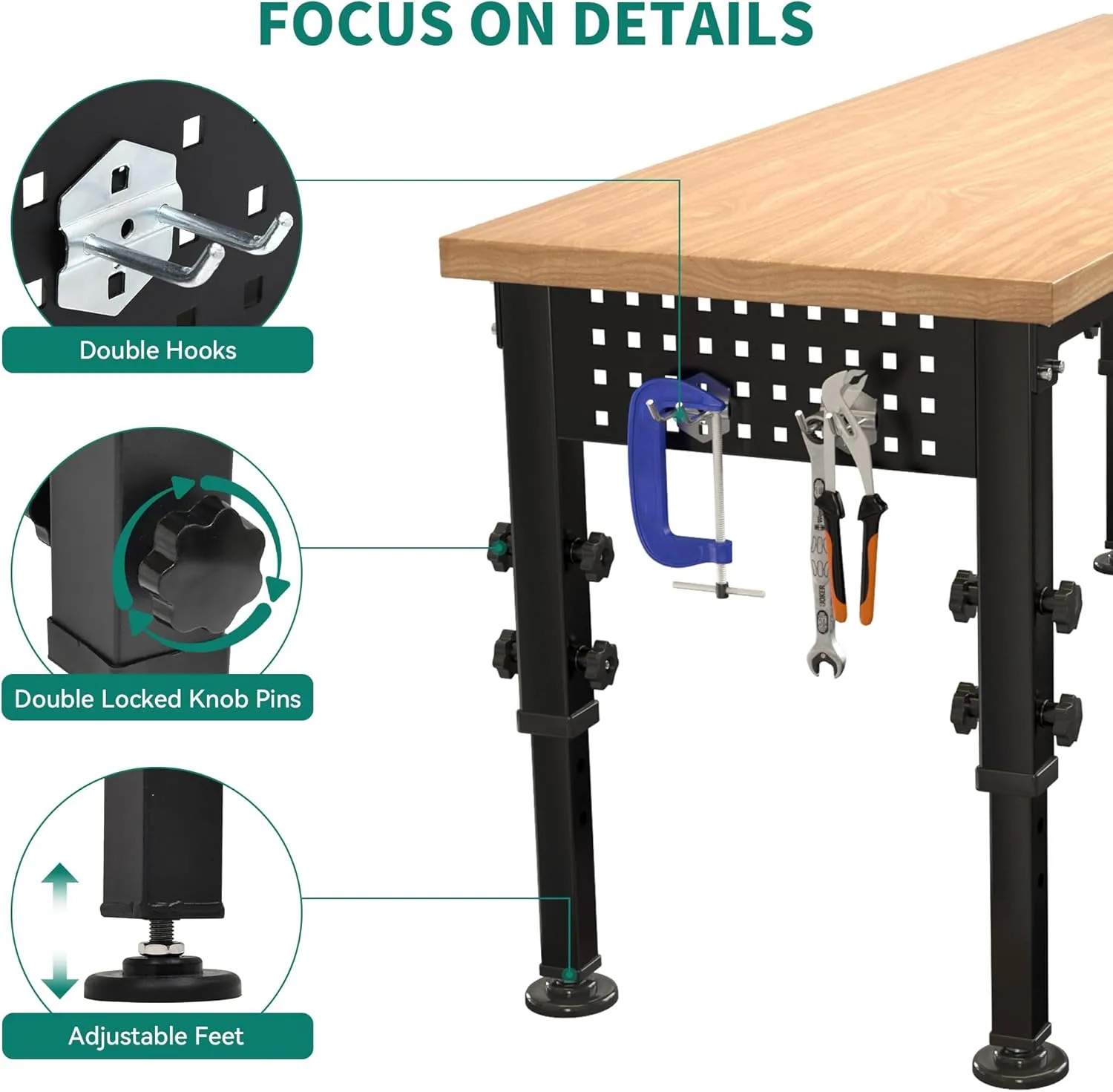 YITAHOME Workbench for Garage 48" L X 20" W Adjustable Workbench, Heavy-Duty Worktable W/Pegboard & Power Outlets, 2000 LBS Load Capacity, for Workshop, Garage, Office, Home