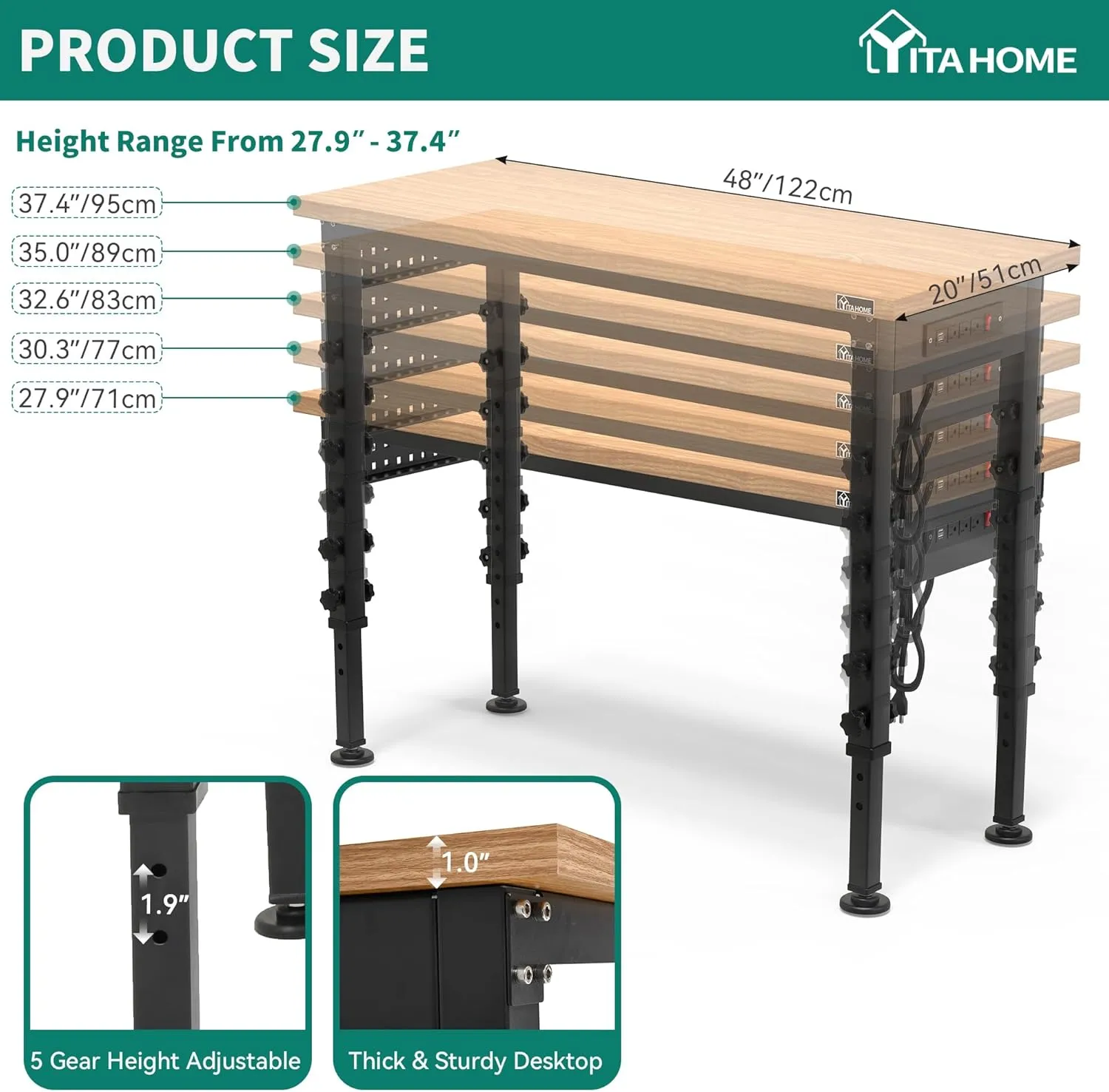 YITAHOME Workbench for Garage 48" L X 20" W Adjustable Workbench, Heavy-Duty Worktable W/Pegboard & Power Outlets, 2000 LBS Load Capacity, for Workshop, Garage, Office, Home