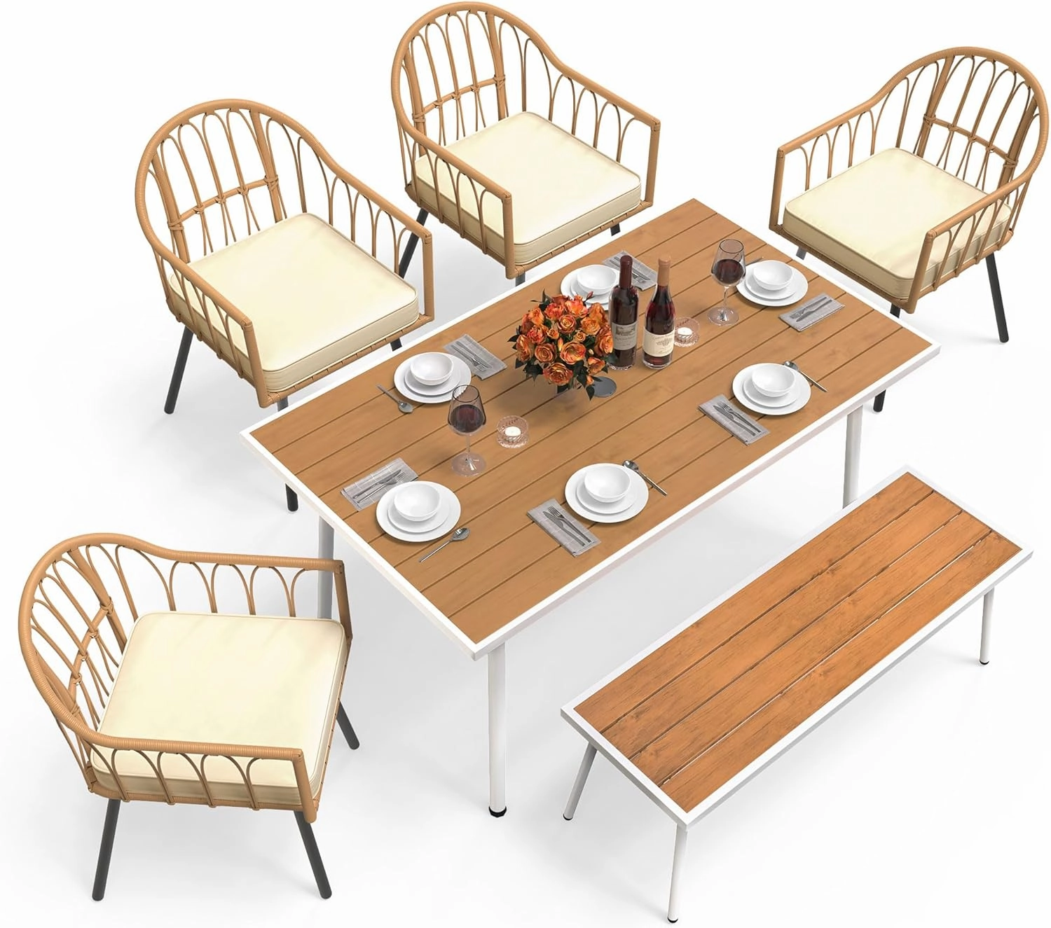 YITAHOME 6 Pieces Outdoor Patio Dining Set, Rattan Wicker Patio Dining Chair & Table & Bench Set for 6 People, Sectional Conversation Set with Umbrella Hole for Patios, Backyard, Balcony, Garden, Lawn