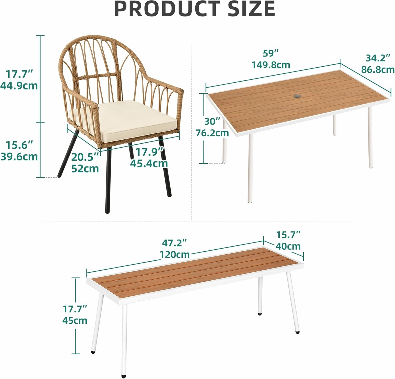 YITAHOME 6 Pieces Outdoor Patio Dining Set, Rattan Wicker Patio Dining Chair & Table & Bench Set for 6 People, Sectional Conversation Set with Umbrella Hole for Patios, Backyard, Balcony, Garden, Lawn