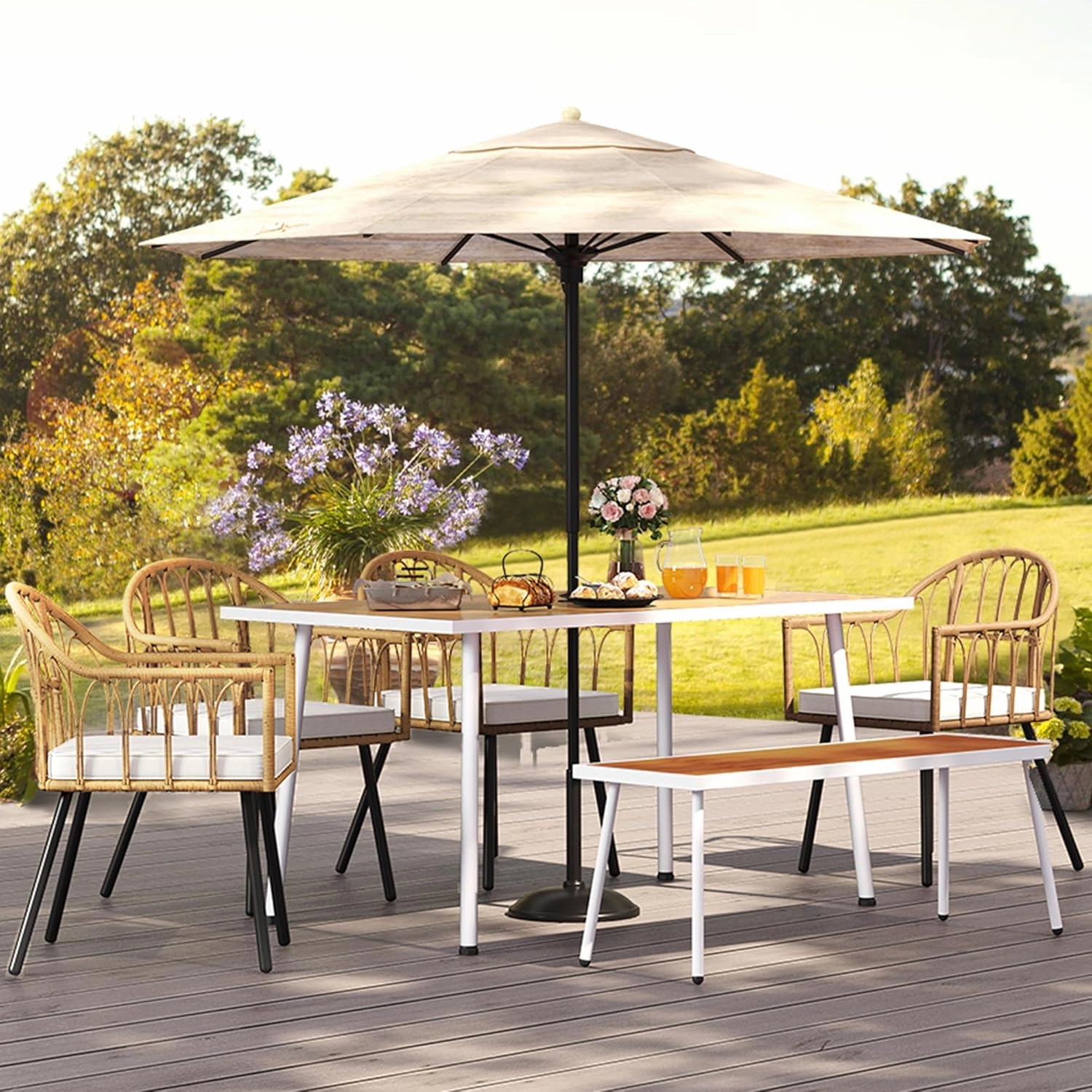YITAHOME 6 Pieces Outdoor Patio Dining Set, Rattan Wicker Patio Dining Chair & Table & Bench Set for 6 People, Sectional Conversation Set with Umbrella Hole for Patios, Backyard, Balcony, Garden, Lawn