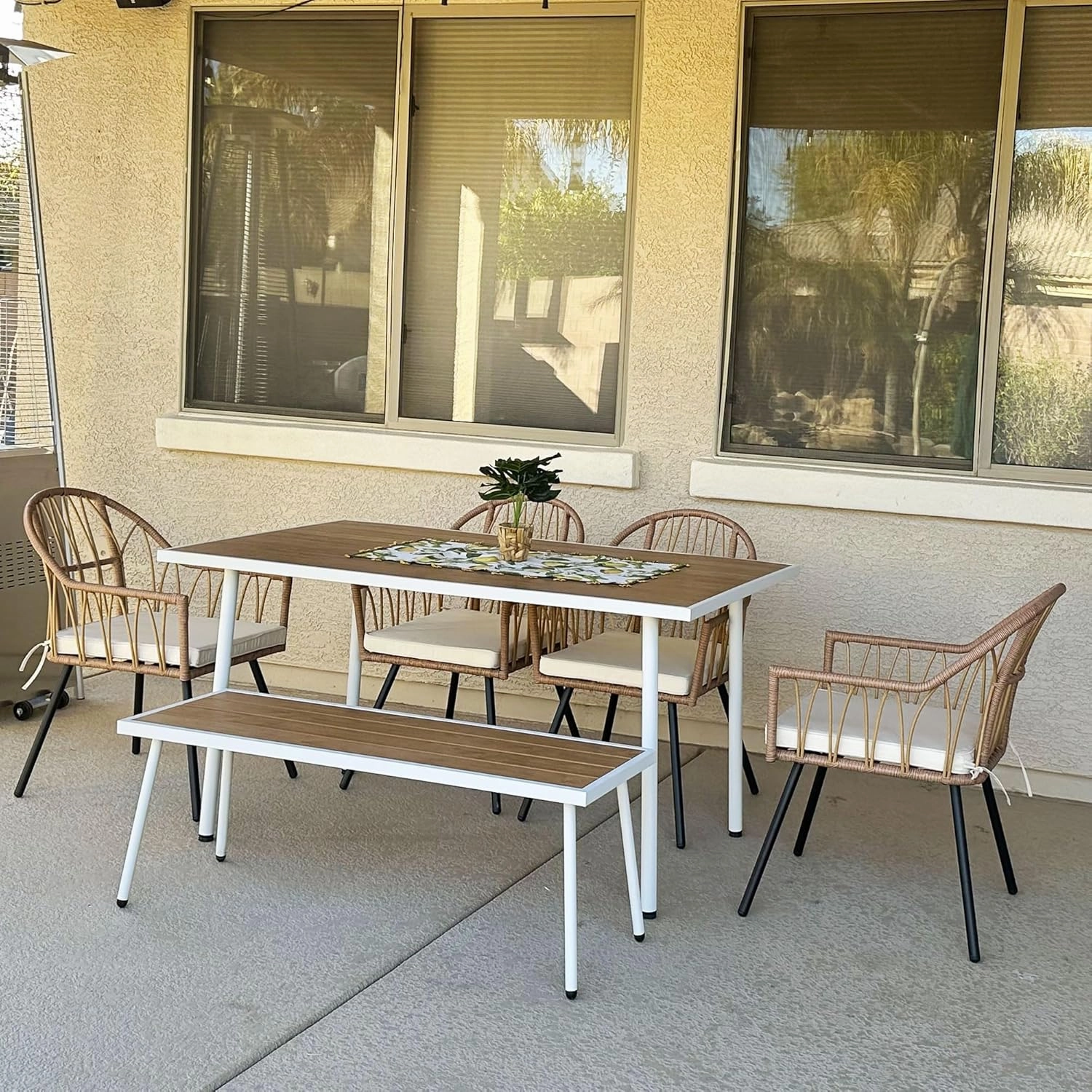 YITAHOME 6 Pieces Outdoor Patio Dining Set, Rattan Wicker Patio Dining Chair & Table & Bench Set for 6 People, Sectional Conversation Set with Umbrella Hole for Patios, Backyard, Balcony, Garden, Lawn