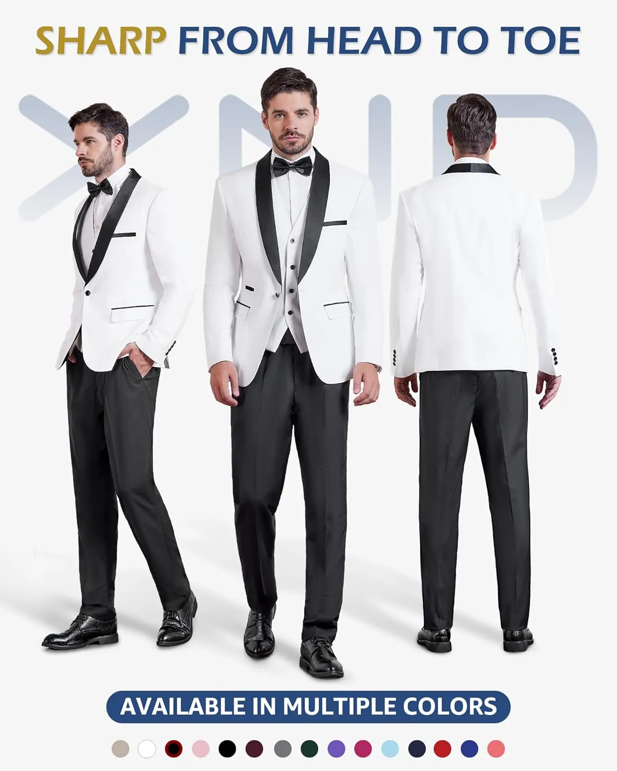 YND Men's 3 Piece Slim Fit Tuxedo Set, One Button Shawl Collar Solid Jacket Vest Pants with Bow Tie