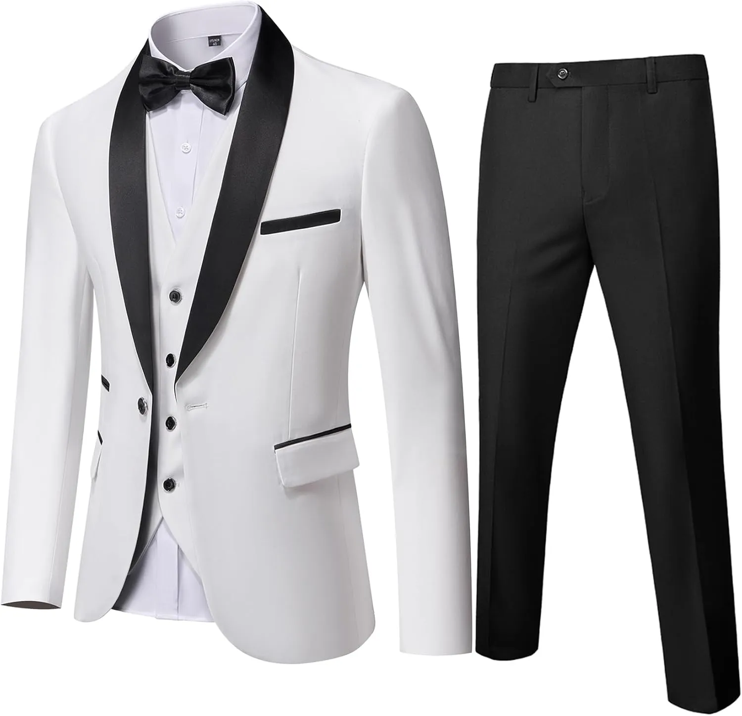 YND Men's 3 Piece Slim Fit Tuxedo Set, One Button Shawl Collar Solid Jacket Vest Pants with Bow Tie