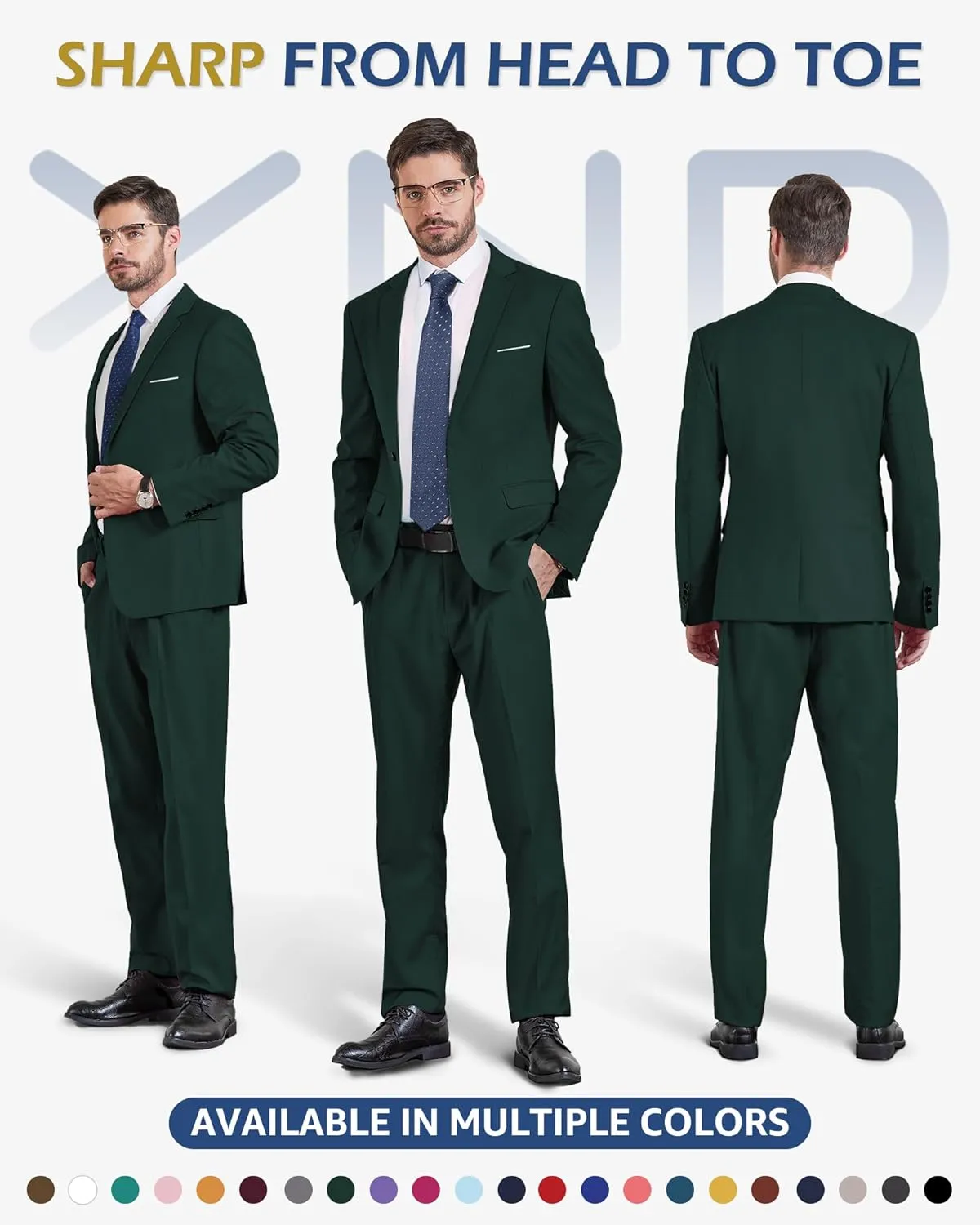 YND Men's Slim Fit 2 Piece Suit, One Button Solid Jacket Pants Set with Tie