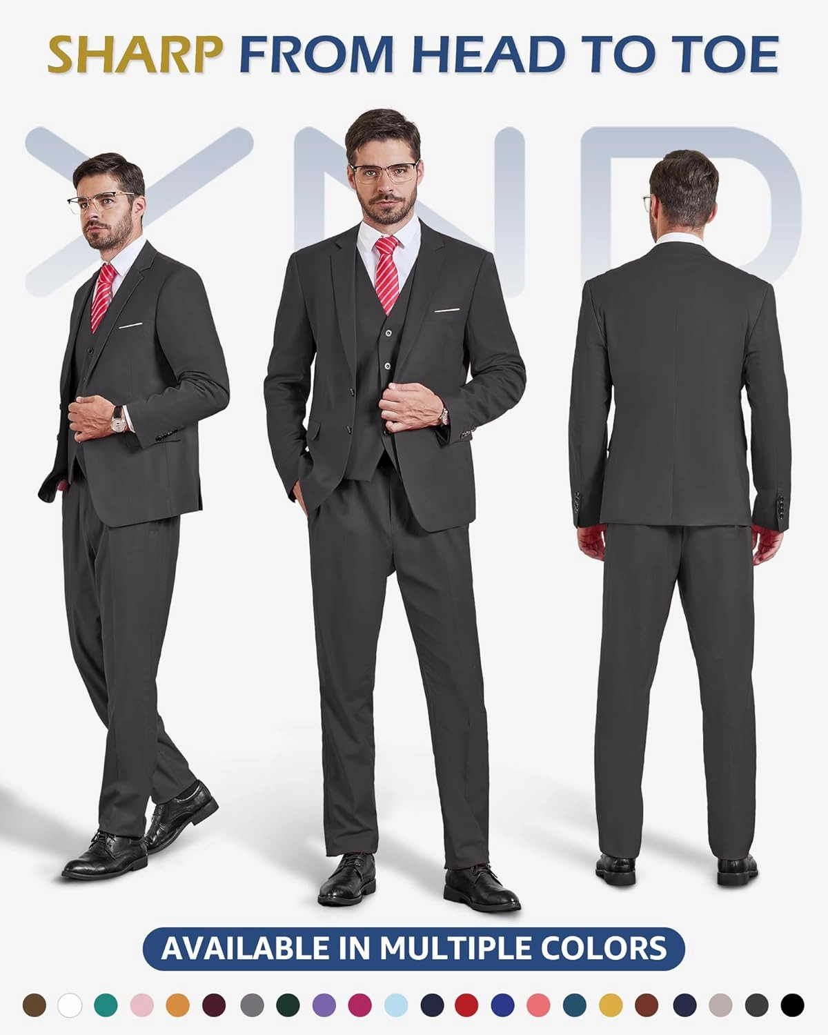 YND Men's Slim Fit 2 Button 3 Piece Suit Set, Solid Blazer Jacket Vest Pants & Tie