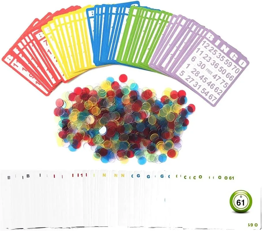 Yuanhe Bingo Cards Game Set - Includes 50 Bingo Cards,500 Colorful Transparent Bingo Chips and Deck of Calling Cards, Great for Adults Kids Family Game Nights, School Classroom Activity, Bingo Parites