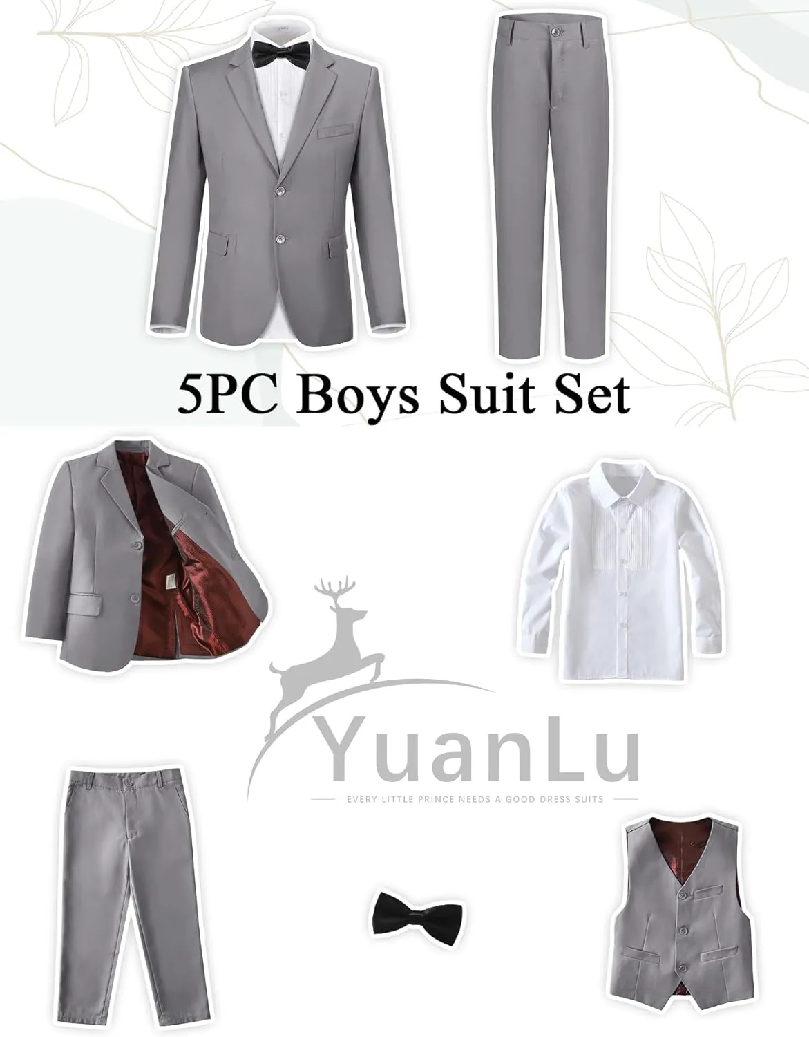 YuanLu Boys Suit for Kids Tuxedo Wedding Ring Bearer Outfit Boy Formal Suits 5 Piece Slim Fit Dresswear Suit Set