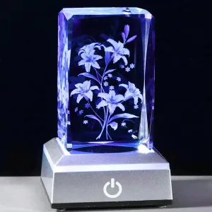 YWHL 3D Engraving Crystal Cube Lily Flower with Colorful Base, Mothers Day Birthday Gifts for Women Mom Wife, Lilies Flowers Figurine Collection Home Decor Keepsakes for Christmas Anniversary