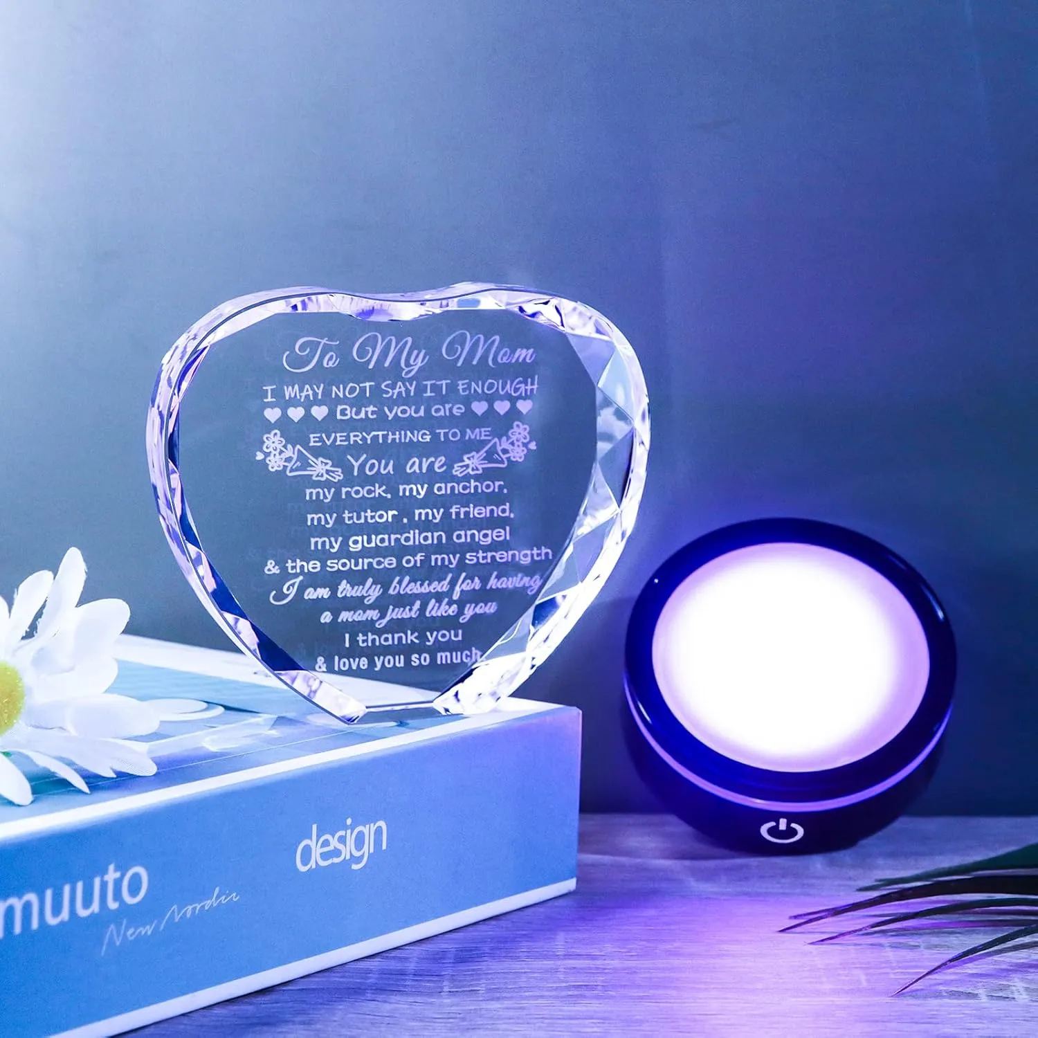 YWHL Gifts for Mom from Daughter Son Moms Mother's Day Birthday Gifts Crystal Unique to My Mom Heart Keepsakes Gift for Mother with Colorful LED Base