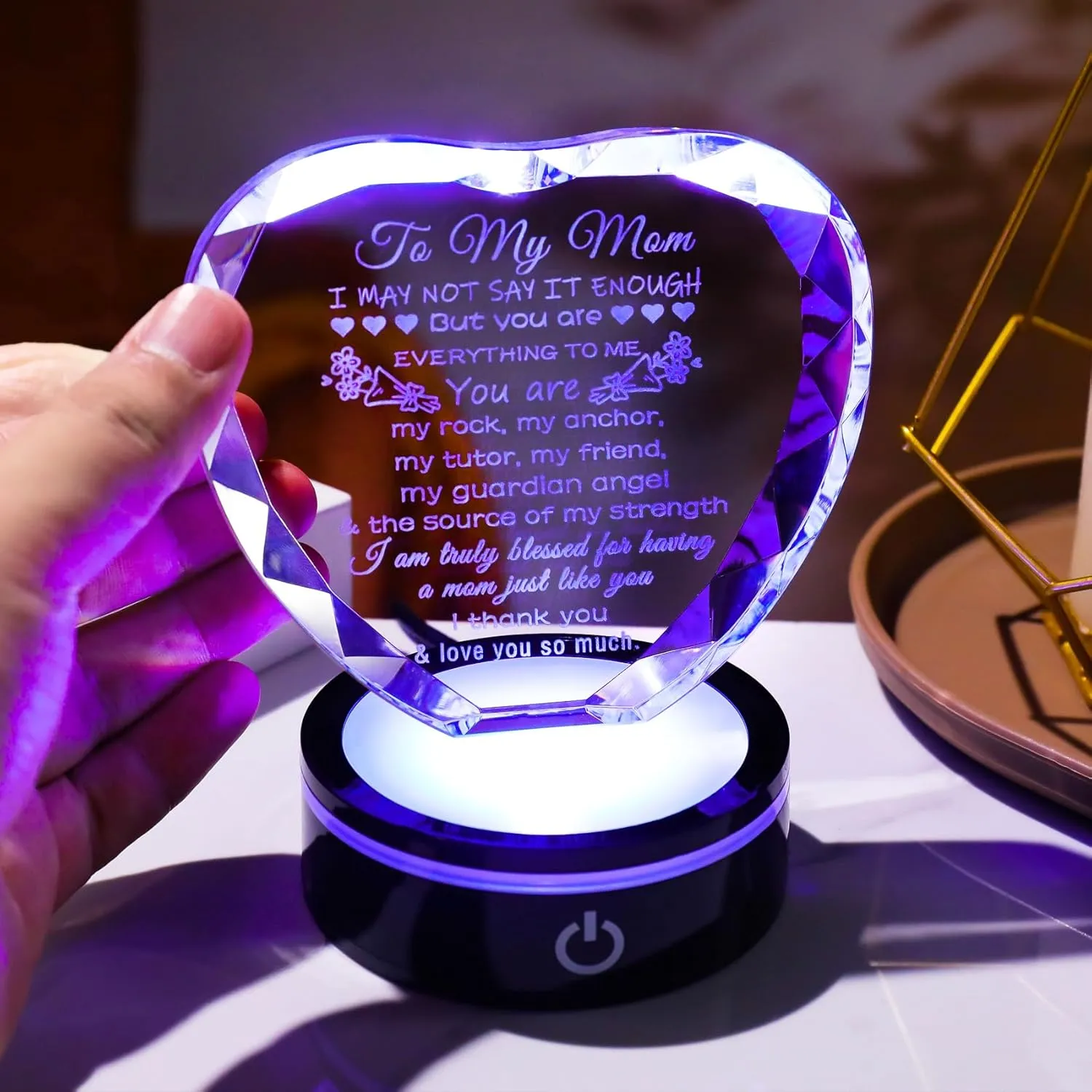 YWHL Gifts for Mom from Daughter Son Moms Mother's Day Birthday Gifts Crystal Unique to My Mom Heart Keepsakes Gift for Mother with Colorful LED Base
