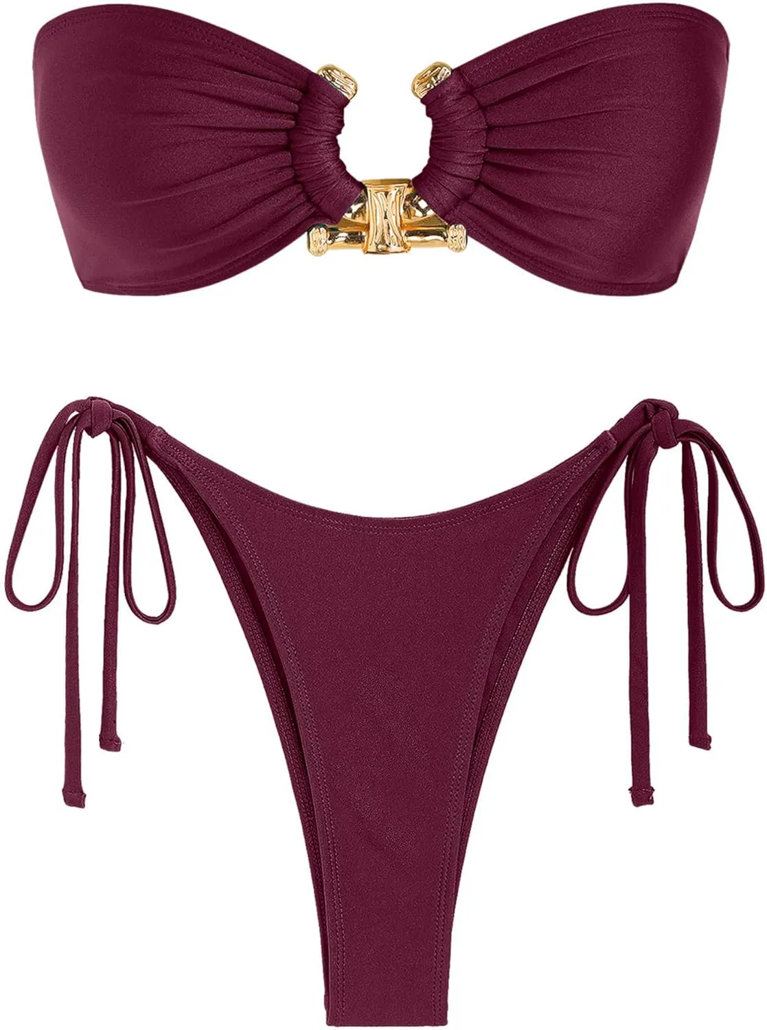 ZAFUL Metal Ring Bandeau Bikini Set Tie Side Bathing Suit High Cut 2 Piece Swimsuit Cutout Swimwear