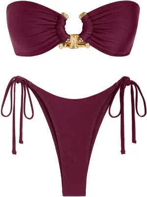 ZAFUL Metal Ring Bandeau Bikini Set Tie Side Bathing Suit High Cut 2 Piece Swimsuit Cutout Swimwear