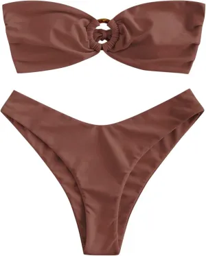 ZAFUL Women's Bandeau Bikini O Ring Strapless Tie Back High Cut Two Piece Swimsuit Bathing Suits