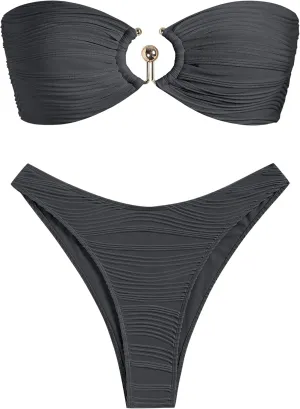 ZAFUL Womens Bandeau Bikini Set Metallic Sparkly O Ring Lace Up Tie Side High Cut Tanga Sexy Bathing Suit Swimwear