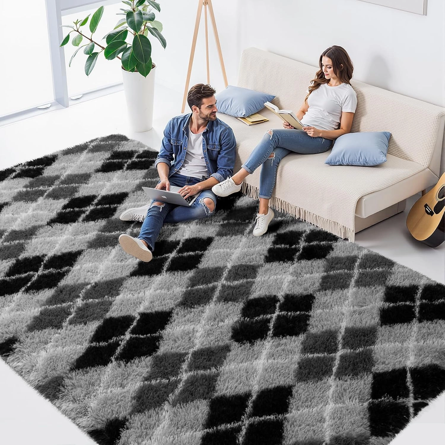 Zentavio Area Rugs for Living Room Large Rugs for Bedroom 6x9 Carpet Fluffy Fuzzy Soft Shag Aesthetic Plush High Pile Gray Throw Rug for Nursery Kids Room Dorm Diomond Black