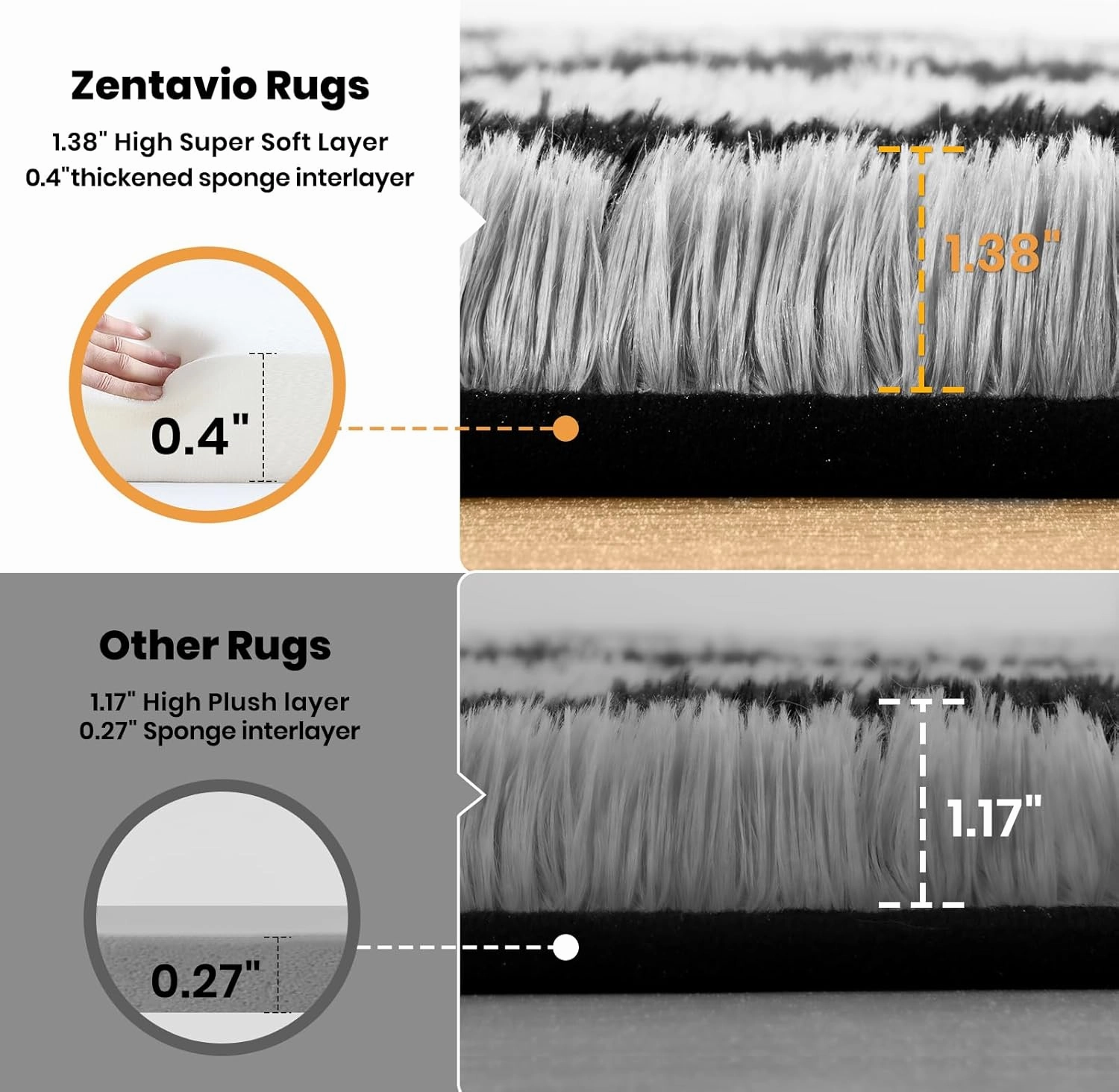 Zentavio Area Rugs for Living Room Large Rugs for Bedroom 6x9 Carpet Fluffy Fuzzy Soft Shag Aesthetic Plush High Pile Gray Throw Rug for Nursery Kids Room Dorm Horizontal Stripes Black Grey