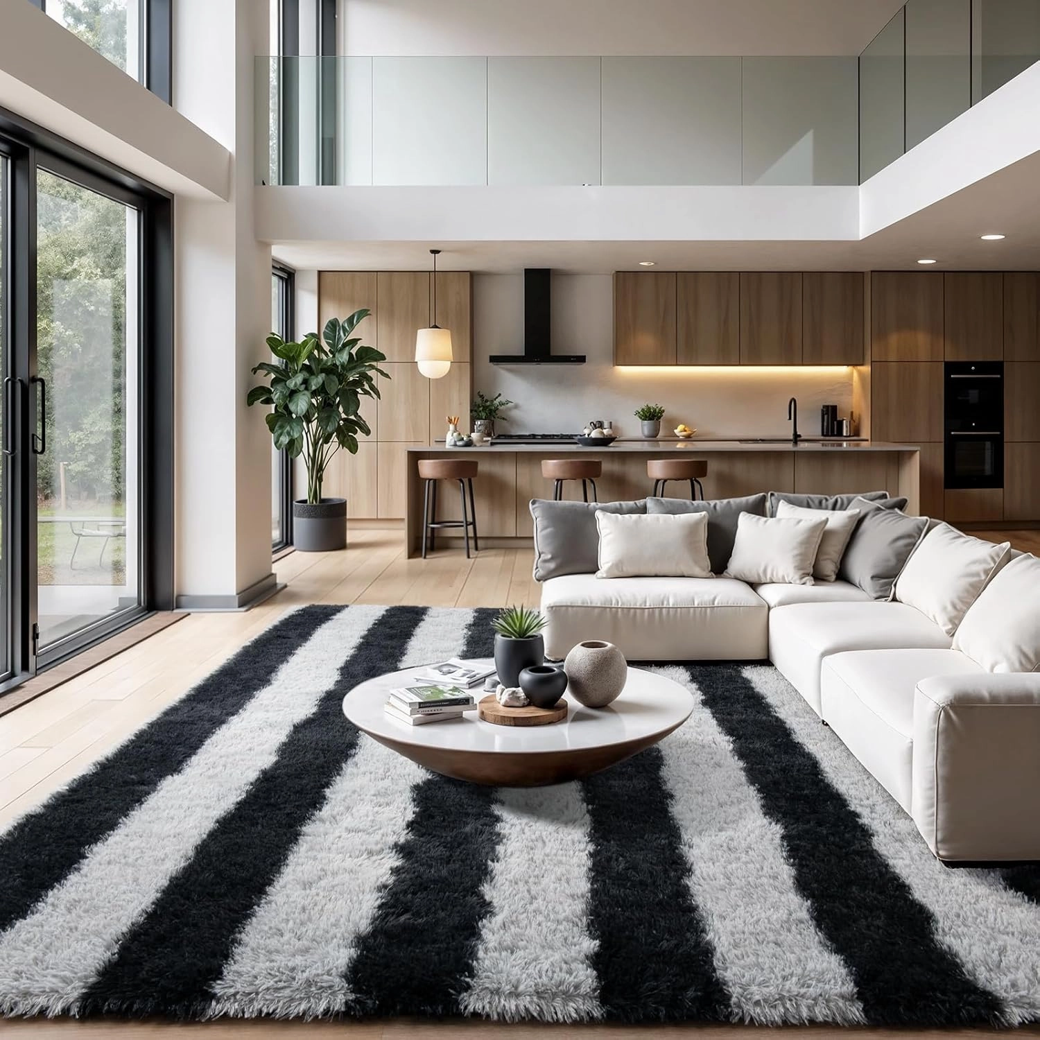 Zentavio Area Rugs for Living Room Large Rugs for Bedroom 6x9 Carpet Fluffy Fuzzy Soft Shag Aesthetic Plush High Pile Gray Throw Rug for Nursery Kids Room Dorm Horizontal Stripes Black Grey