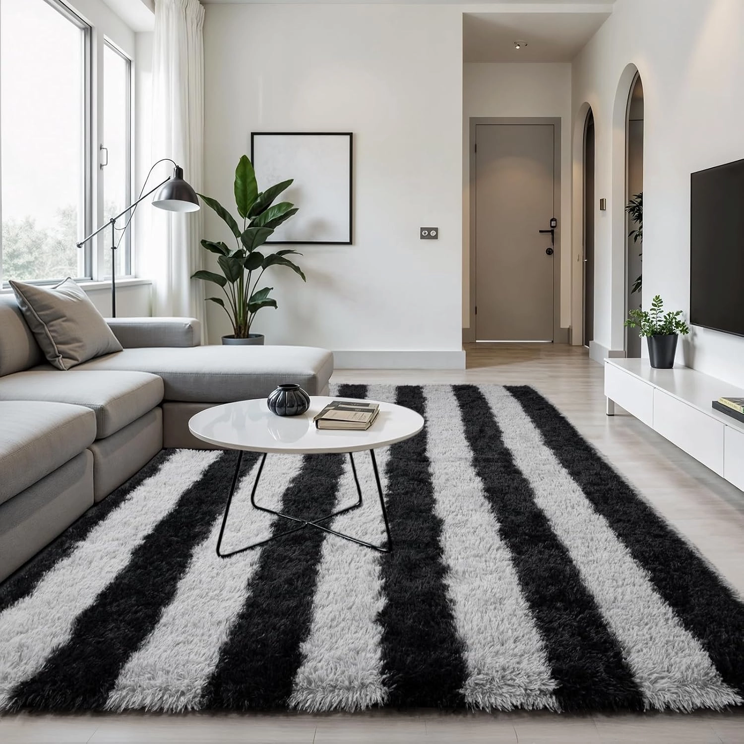 Zentavio Area Rugs for Living Room Large Rugs for Bedroom 6x9 Carpet Fluffy Fuzzy Soft Shag Aesthetic Plush High Pile Gray Throw Rug for Nursery Kids Room Dorm Horizontal Stripes Black Grey