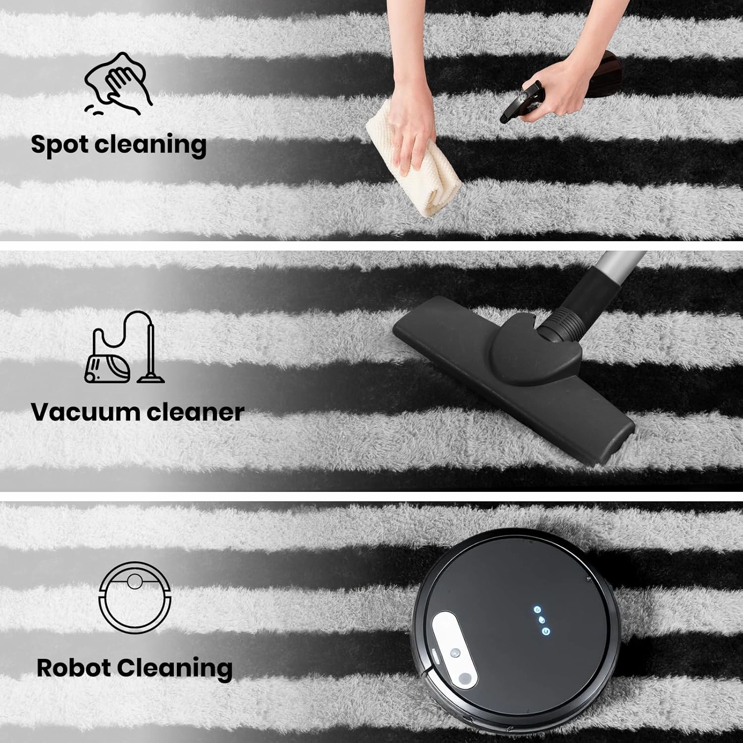 Zentavio Area Rugs for Living Room Large Rugs for Bedroom 6x9 Carpet Fluffy Fuzzy Soft Shag Aesthetic Plush High Pile Gray Throw Rug for Nursery Kids Room Dorm Horizontal Stripes Black Grey