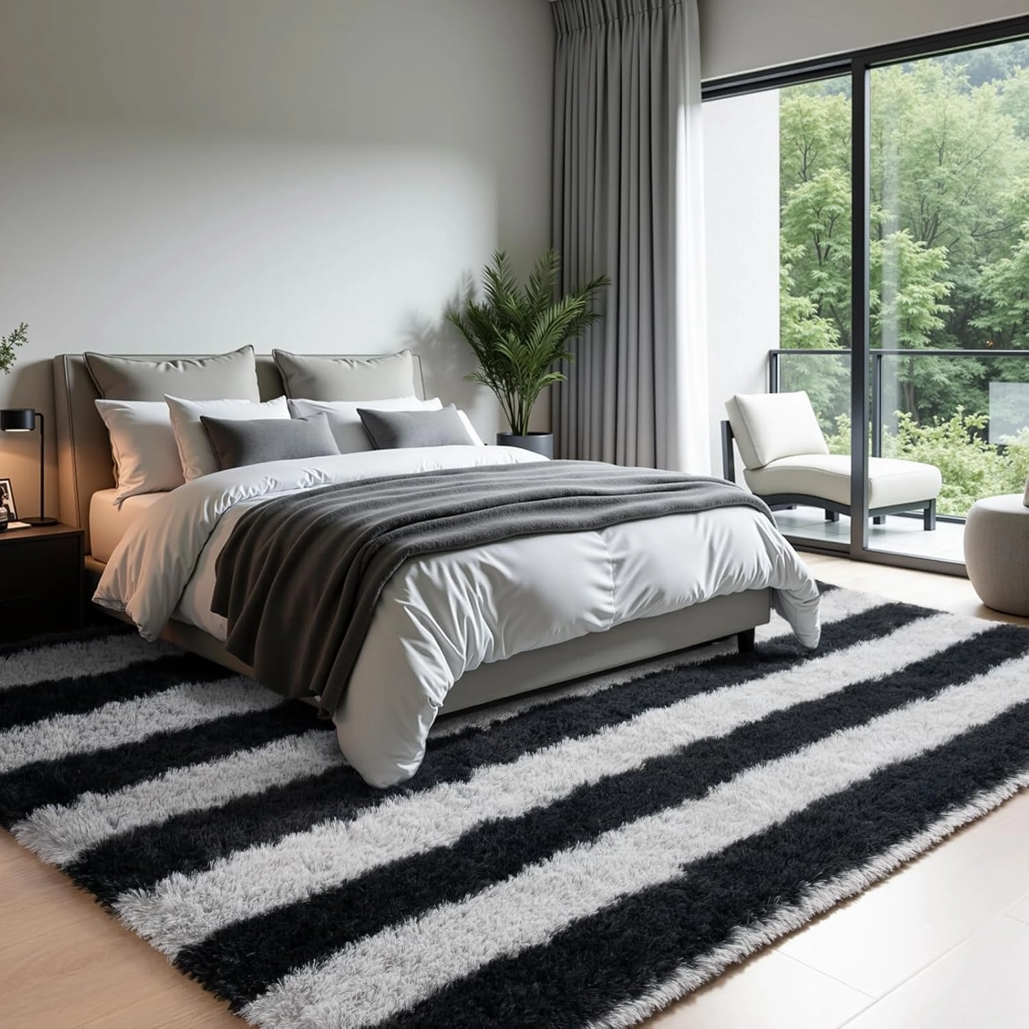 Zentavio Area Rugs for Living Room Large Rugs for Bedroom 6x9 Carpet Fluffy Fuzzy Soft Shag Aesthetic Plush High Pile Gray Throw Rug for Nursery Kids Room Dorm Horizontal Stripes Black Grey