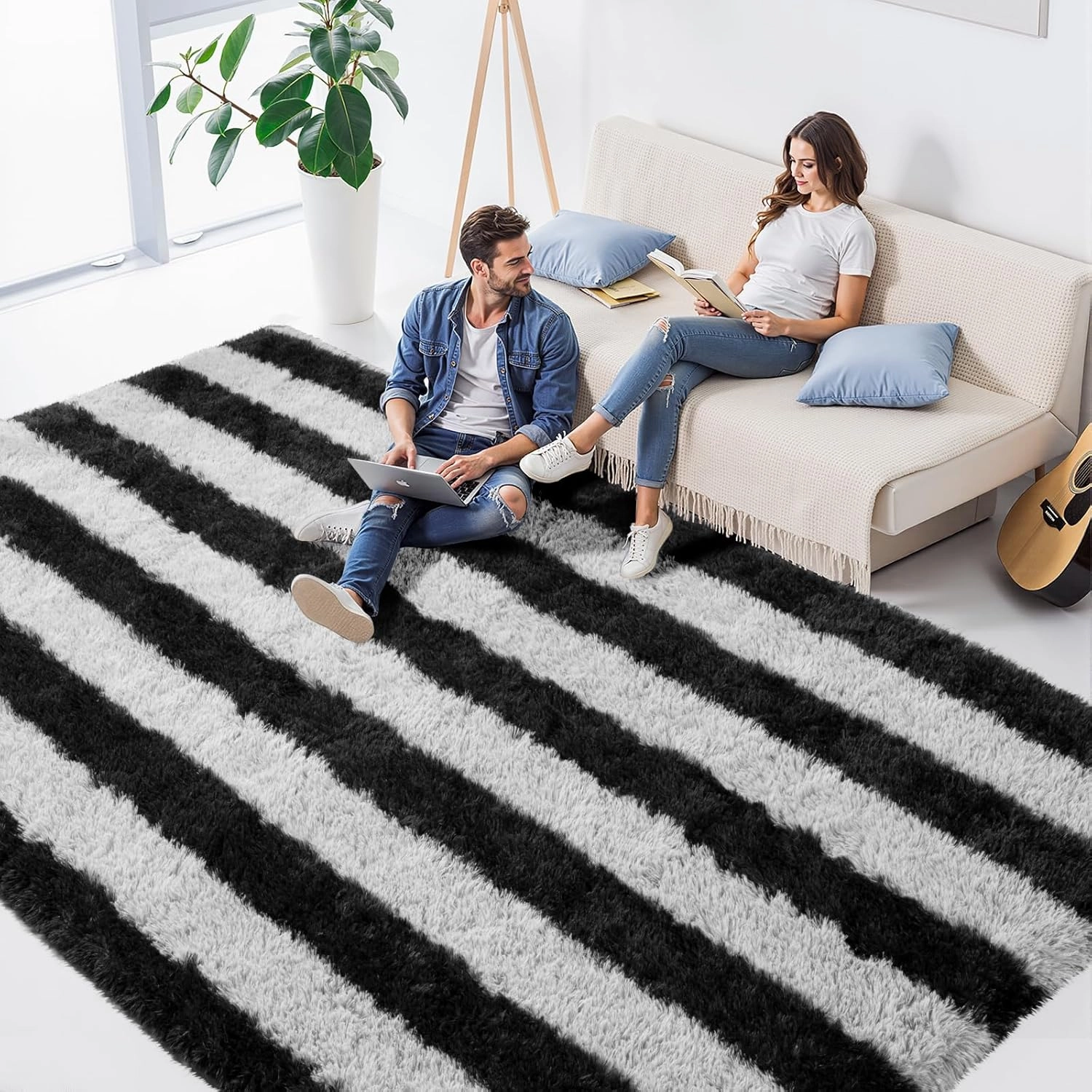 Zentavio Area Rugs for Living Room Large Rugs for Bedroom 6x9 Carpet Fluffy Fuzzy Soft Shag Aesthetic Plush High Pile Gray Throw Rug for Nursery Kids Room Dorm Horizontal Stripes Black Grey