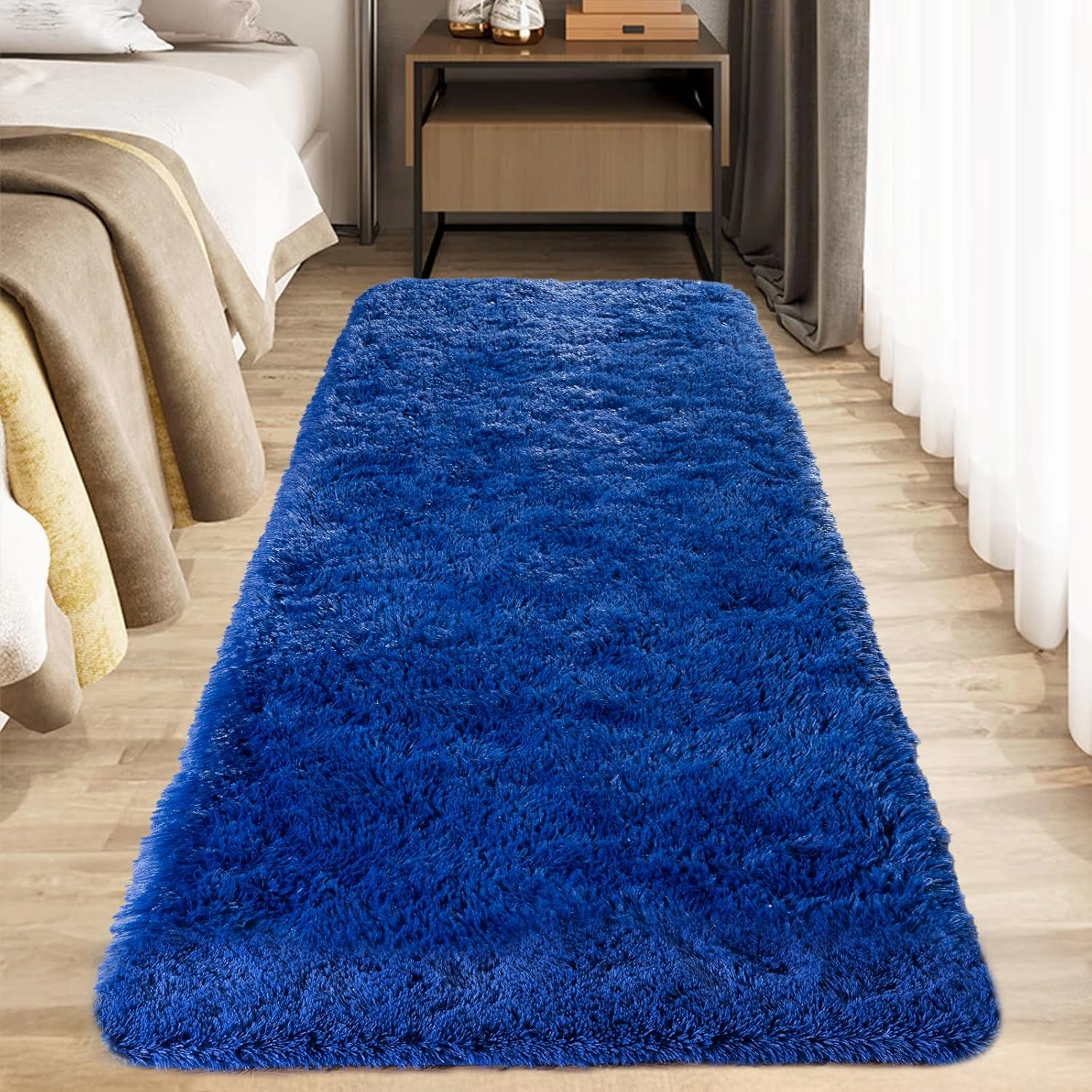 Zentavio Bedside Rugs for Boys Room 2x6 Runner Rugs for Hallway Bedroom Non Slip Fluffy Soft Shaggy Carpet for Kids Home Decor Aesthetic Dorm Nursery Navy Blue