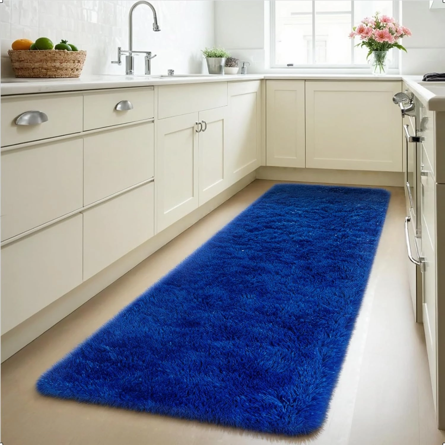 Zentavio Bedside Rugs for Boys Room 2x6 Runner Rugs for Hallway Bedroom Non Slip Fluffy Soft Shaggy Carpet for Kids Home Decor Aesthetic Dorm Nursery Navy Blue