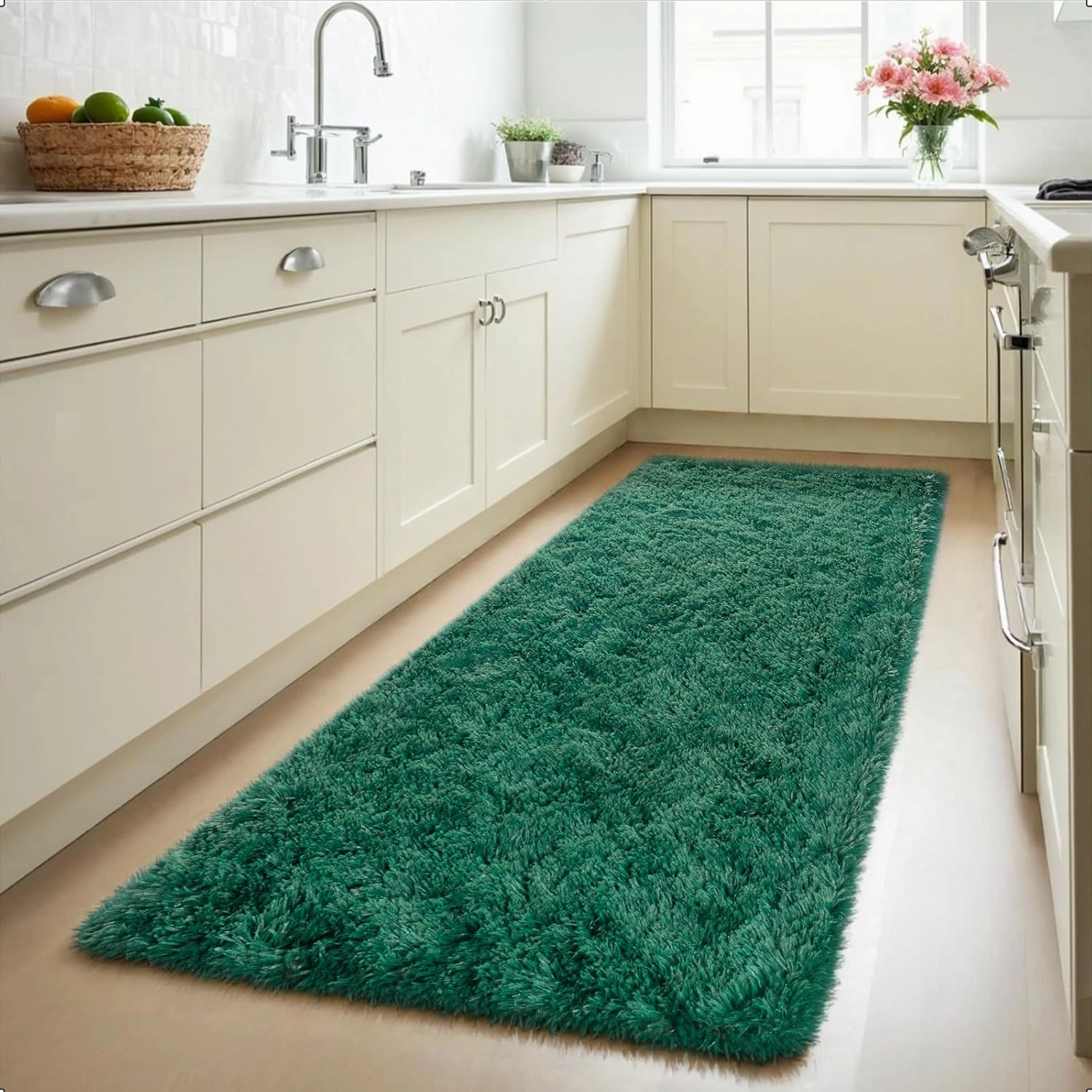 Zentavio Runner Rugs for Hallway 2x6 Shag Soft Bedroom Bedside Rugs Non Slip Fluffy Carpet for Kids Girls Boys Home Decor Aesthetic Dorm Nursery Emerald Green