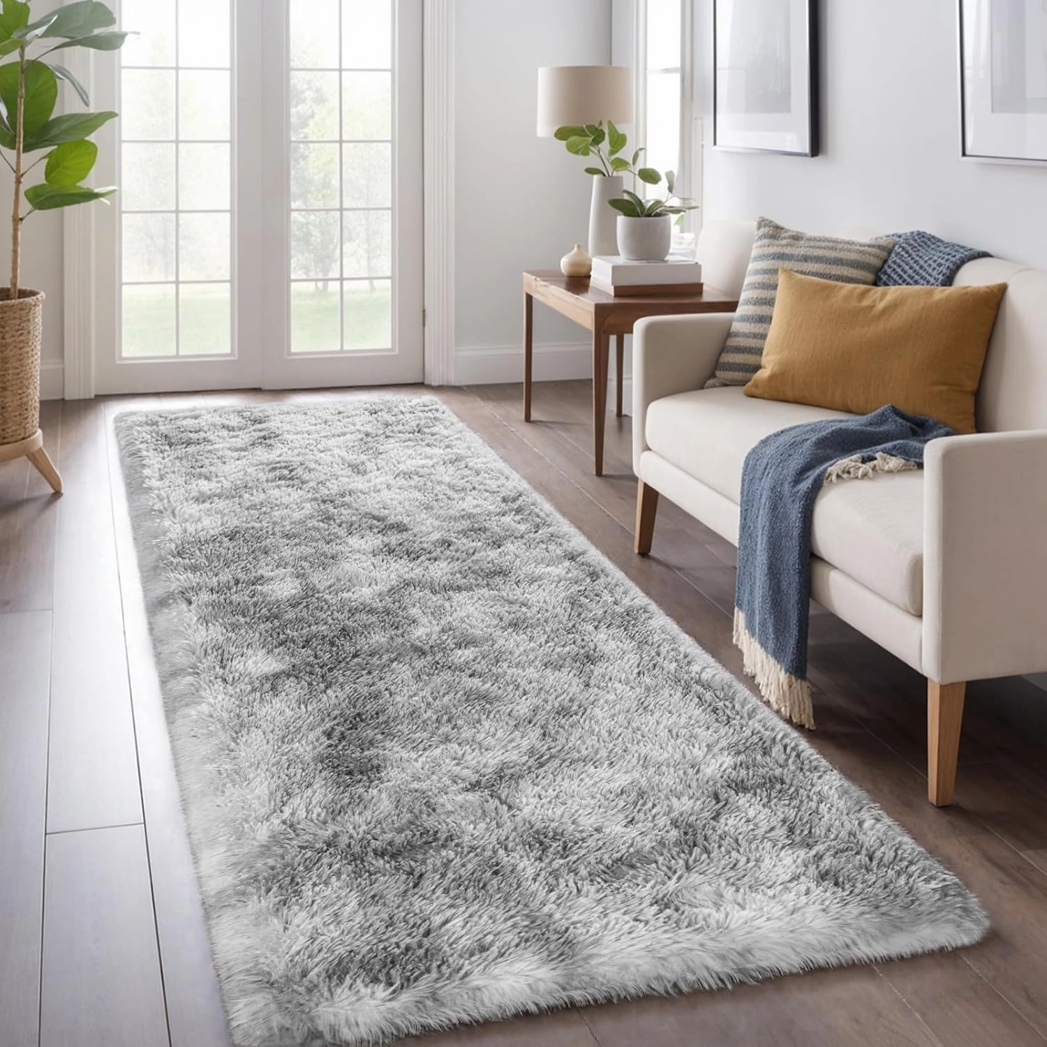 Zentavio Runner Rugs for Hallway 2x6 Shag Soft Bedroom Bedside Rugs Non Slip Fluffy Carpet for Kids Girls Boys Home Decor Aesthetic Dorm Nursery Tie-Dyed Grey White