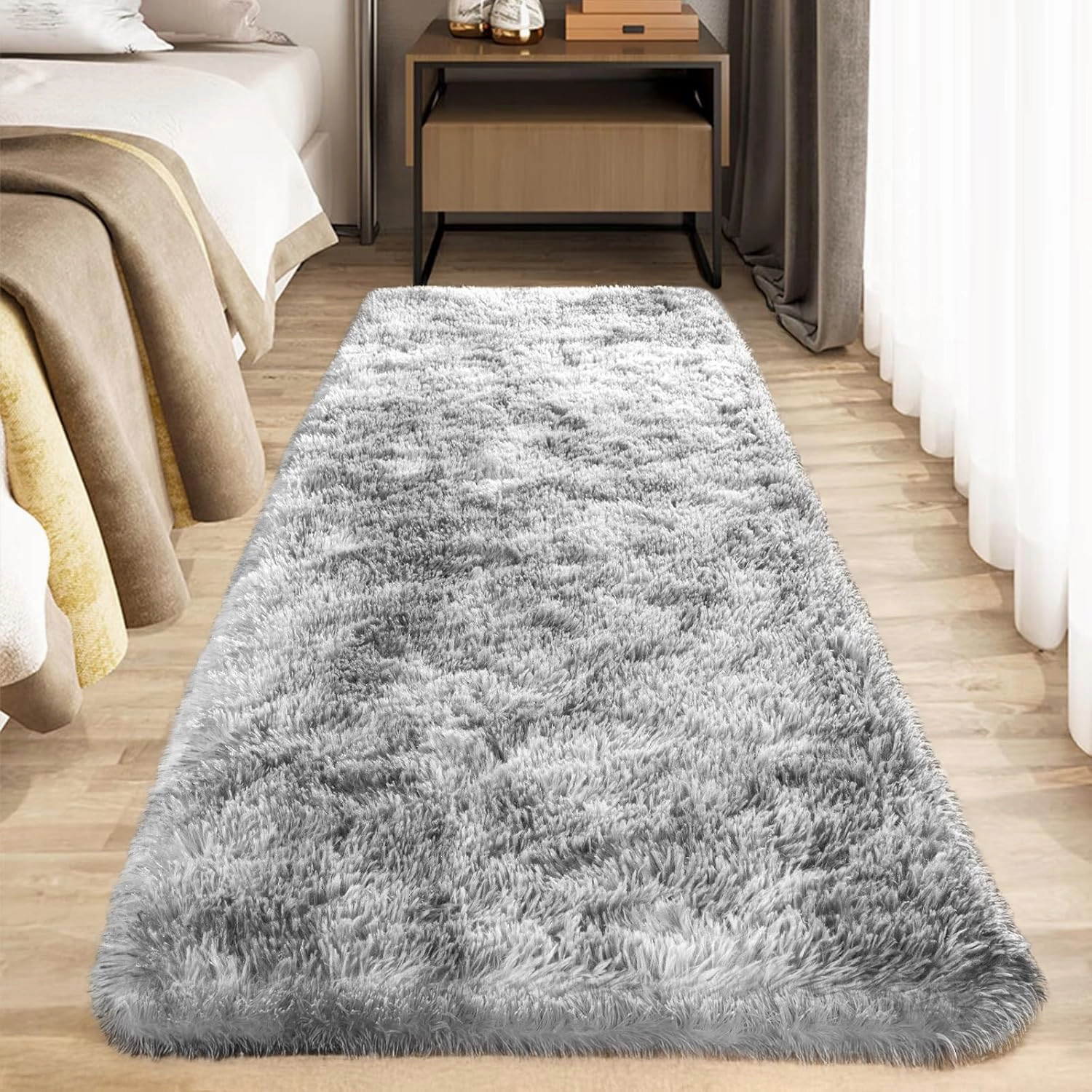 Zentavio Runner Rugs for Hallway 2x6 Shag Soft Bedroom Bedside Rugs Non Slip Fluffy Carpet for Kids Girls Boys Home Decor Aesthetic Dorm Nursery Tie-Dyed Grey White