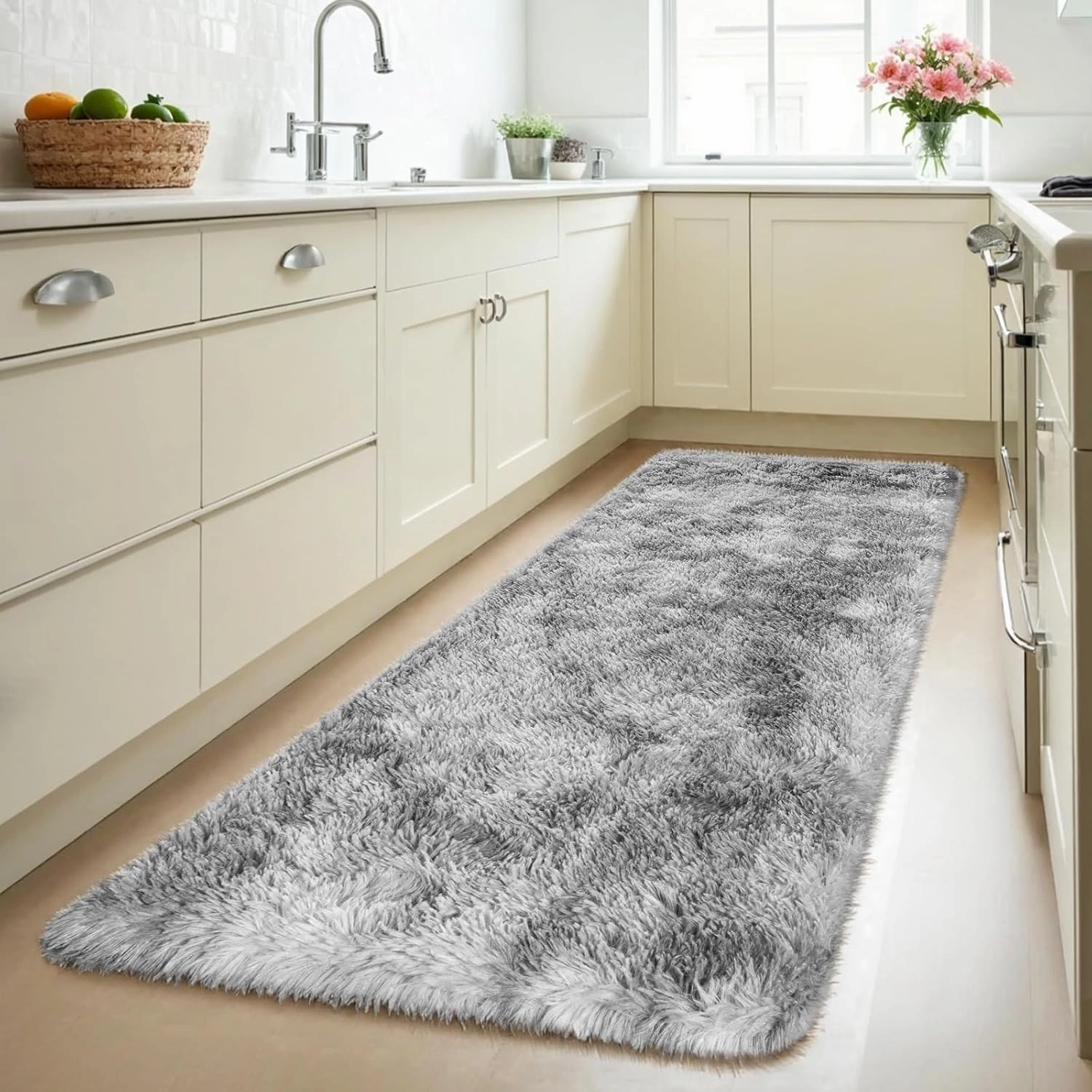 Zentavio Runner Rugs for Hallway 2x6 Shag Soft Bedroom Bedside Rugs Non Slip Fluffy Carpet for Kids Girls Boys Home Decor Aesthetic Dorm Nursery Tie-Dyed Grey White