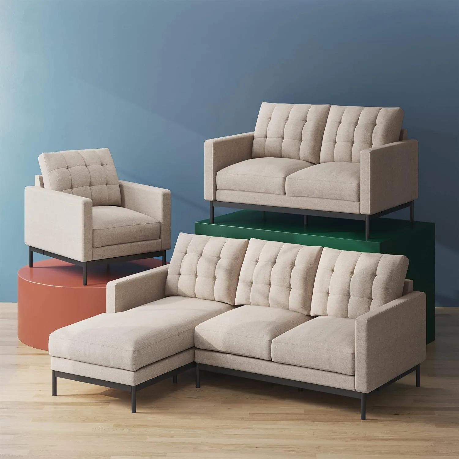 ZINUS Thompson Loveseat, Tufted Cushions, Green Tea Infused Foam Cushions, Easy Assembly, Beige