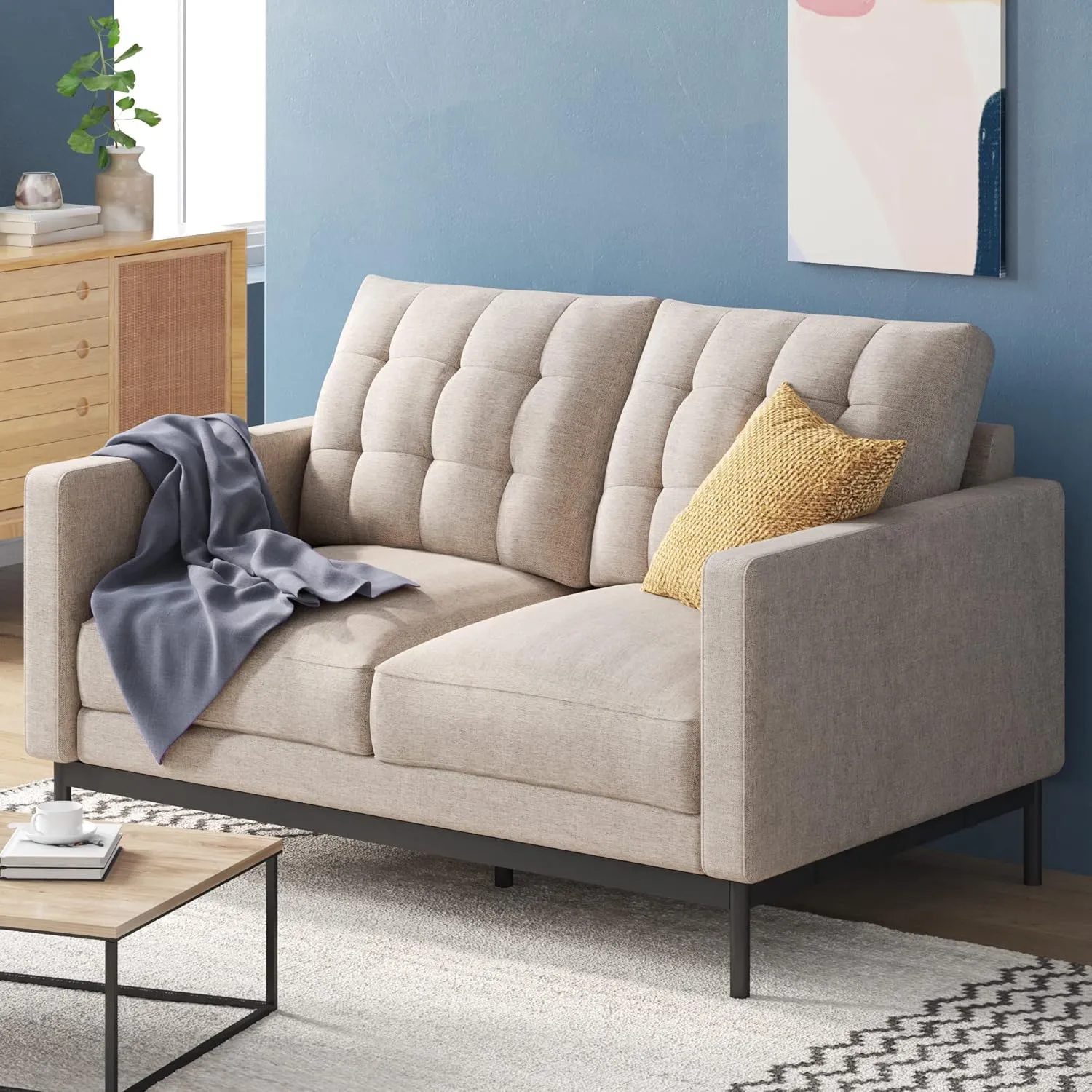 ZINUS Thompson Loveseat, Tufted Cushions, Green Tea Infused Foam Cushions, Easy Assembly, Beige