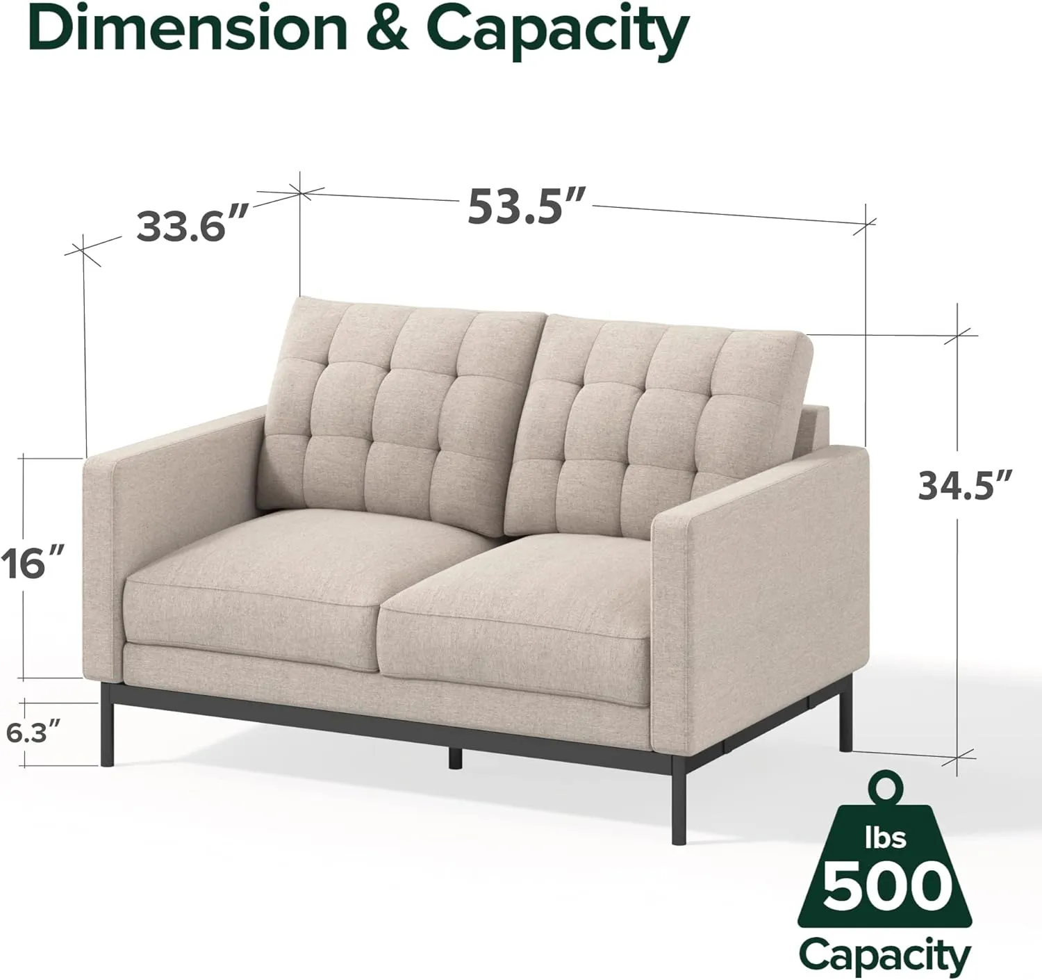 ZINUS Thompson Loveseat, Tufted Cushions, Green Tea Infused Foam Cushions, Easy Assembly, Beige