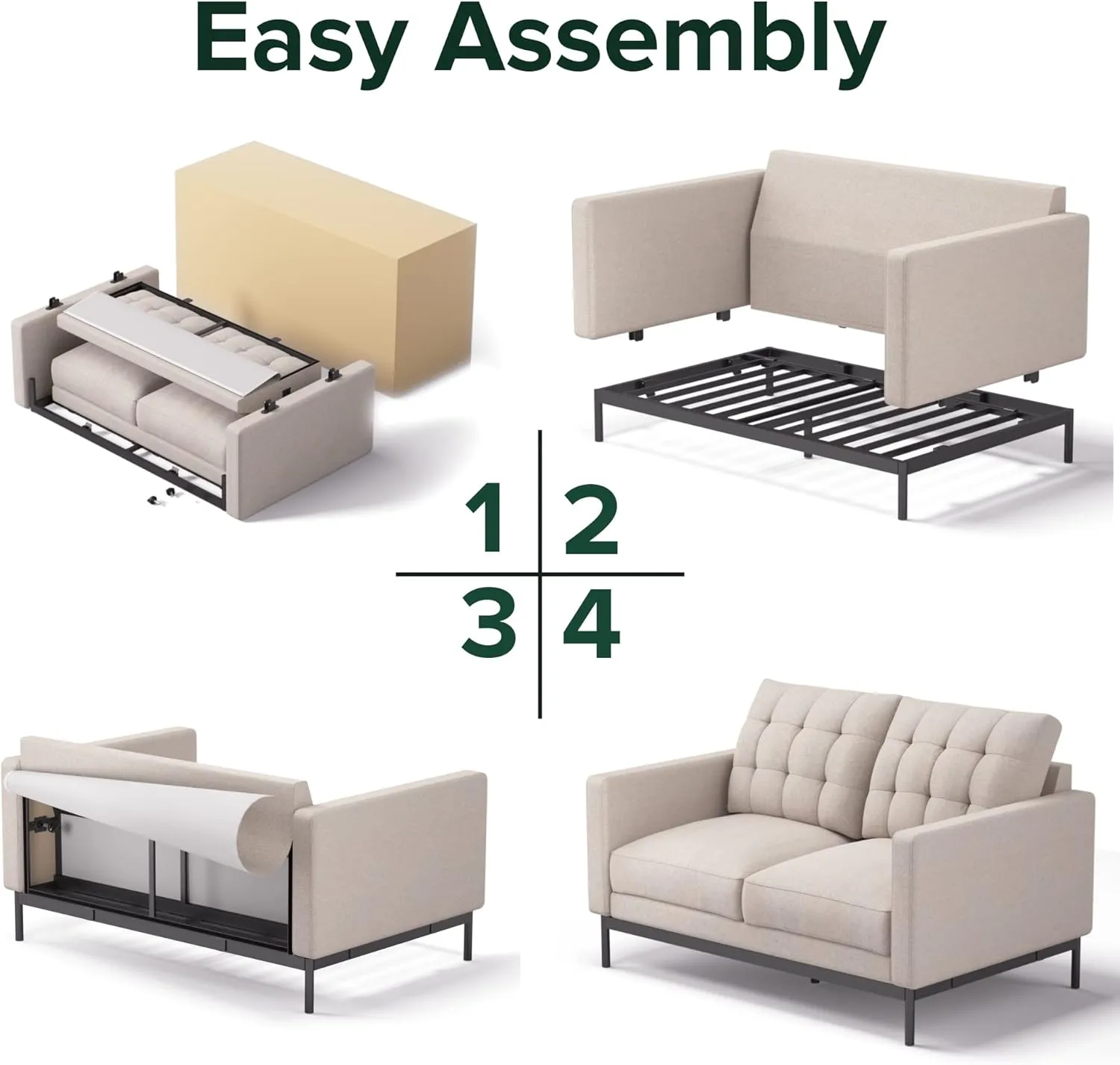 ZINUS Thompson Loveseat, Tufted Cushions, Green Tea Infused Foam Cushions, Easy Assembly, Beige