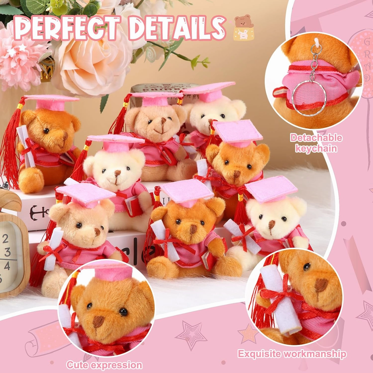 Zomiboo 24 Pcs Graduation Bears Class of 2025 Bulk 3. 54 Inches Mini Graduation Plush Tiny Grad Bear Stuffed Animals with Cap for Preschool Kindergarten Ceremony School Party Gifts(Pink Cap)