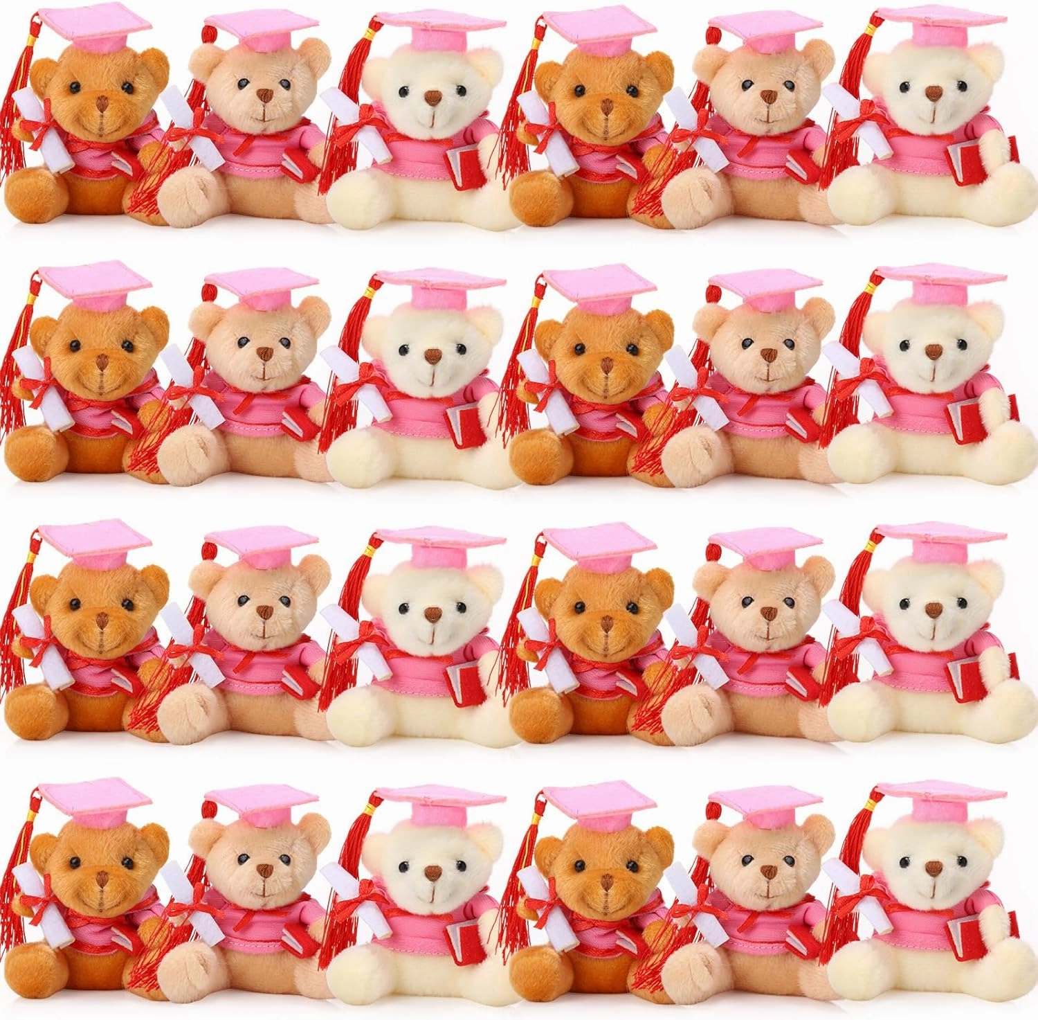 Zomiboo 24 Pcs Graduation Bears Class of 2025 Bulk 3. 54 Inches Mini Graduation Plush Tiny Grad Bear Stuffed Animals with Cap for Preschool Kindergarten Ceremony School Party Gifts(Pink Cap)