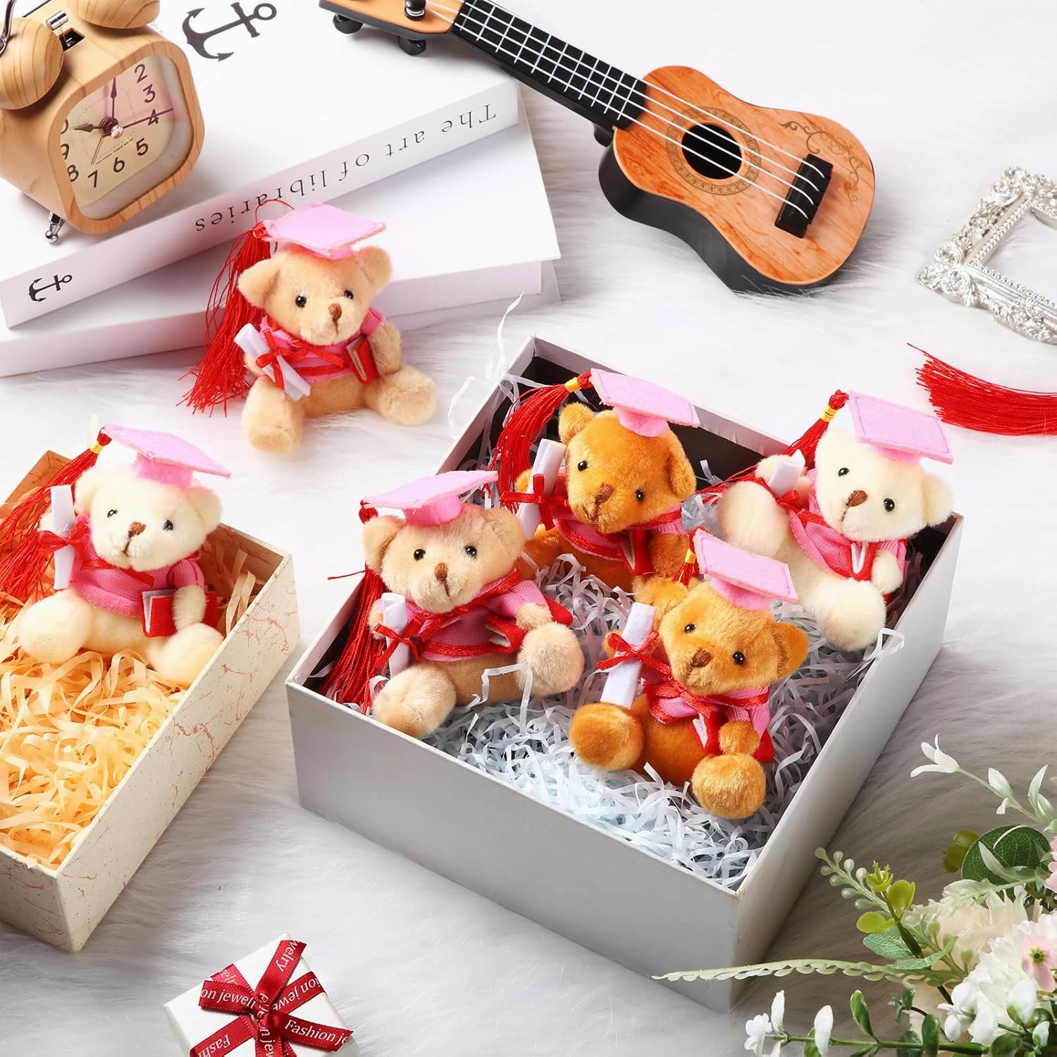 Zomiboo 24 Pcs Graduation Bears Class of 2025 Bulk 3. 54 Inches Mini Graduation Plush Tiny Grad Bear Stuffed Animals with Cap for Preschool Kindergarten Ceremony School Party Gifts(Pink Cap)