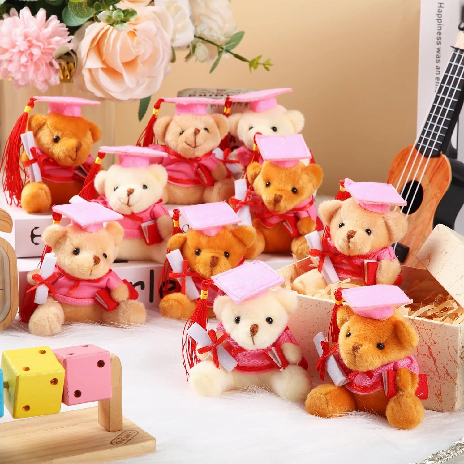 Zomiboo 24 Pcs Graduation Bears Class of 2025 Bulk 3. 54 Inches Mini Graduation Plush Tiny Grad Bear Stuffed Animals with Cap for Preschool Kindergarten Ceremony School Party Gifts(Pink Cap)