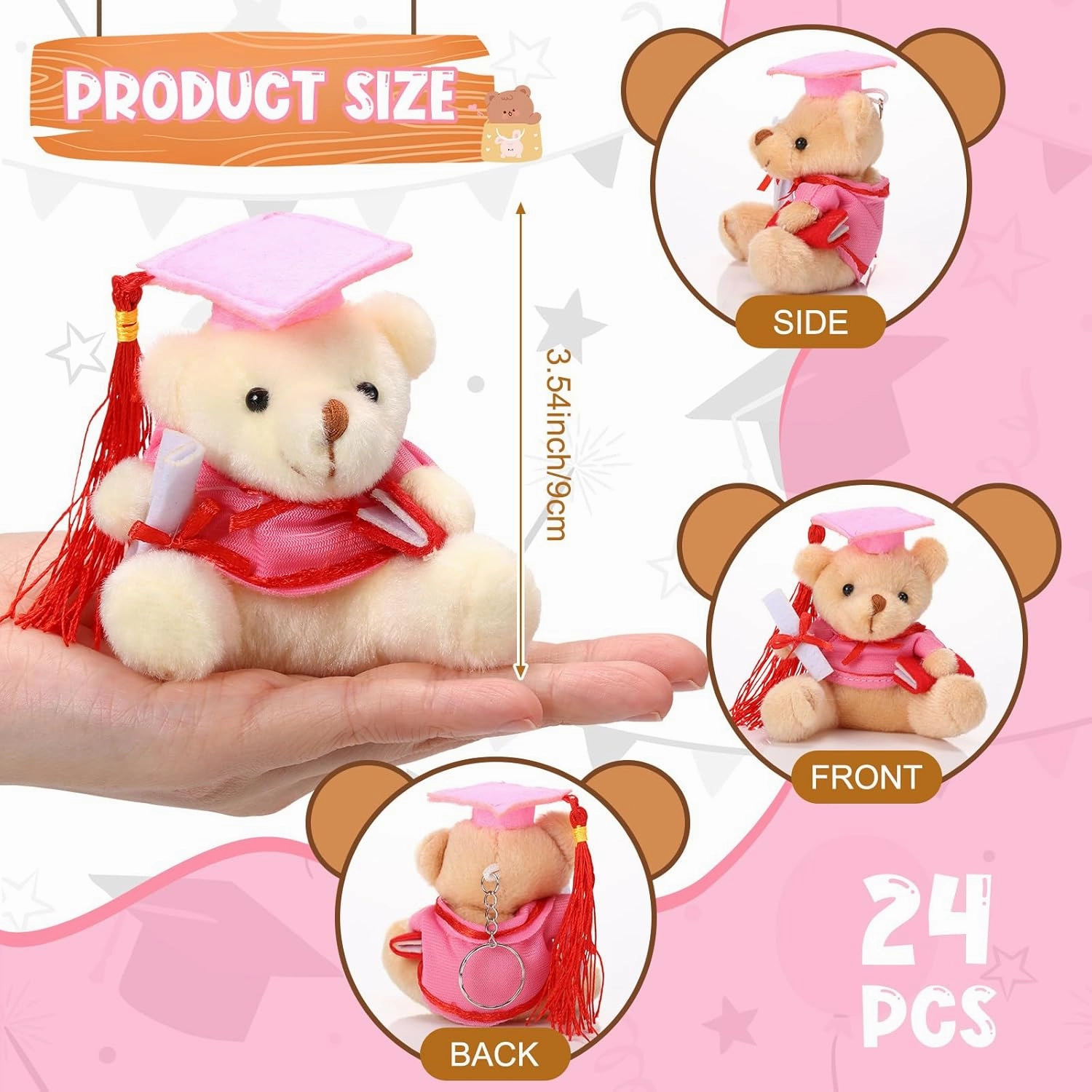 Zomiboo 24 Pcs Graduation Bears Class of 2025 Bulk 3. 54 Inches Mini Graduation Plush Tiny Grad Bear Stuffed Animals with Cap for Preschool Kindergarten Ceremony School Party Gifts(Pink Cap)