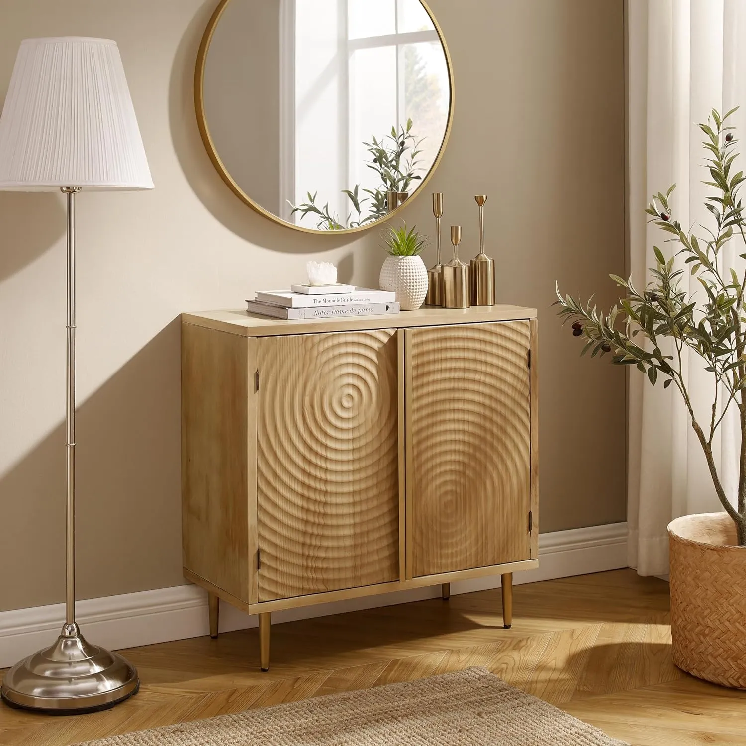 Zouron Wooden Sideboard, Buffet with Storage, 2-Door Accent Cabinet with Circle Ring Grain Design, Console Table for Living Room, Kitchen, Entryway