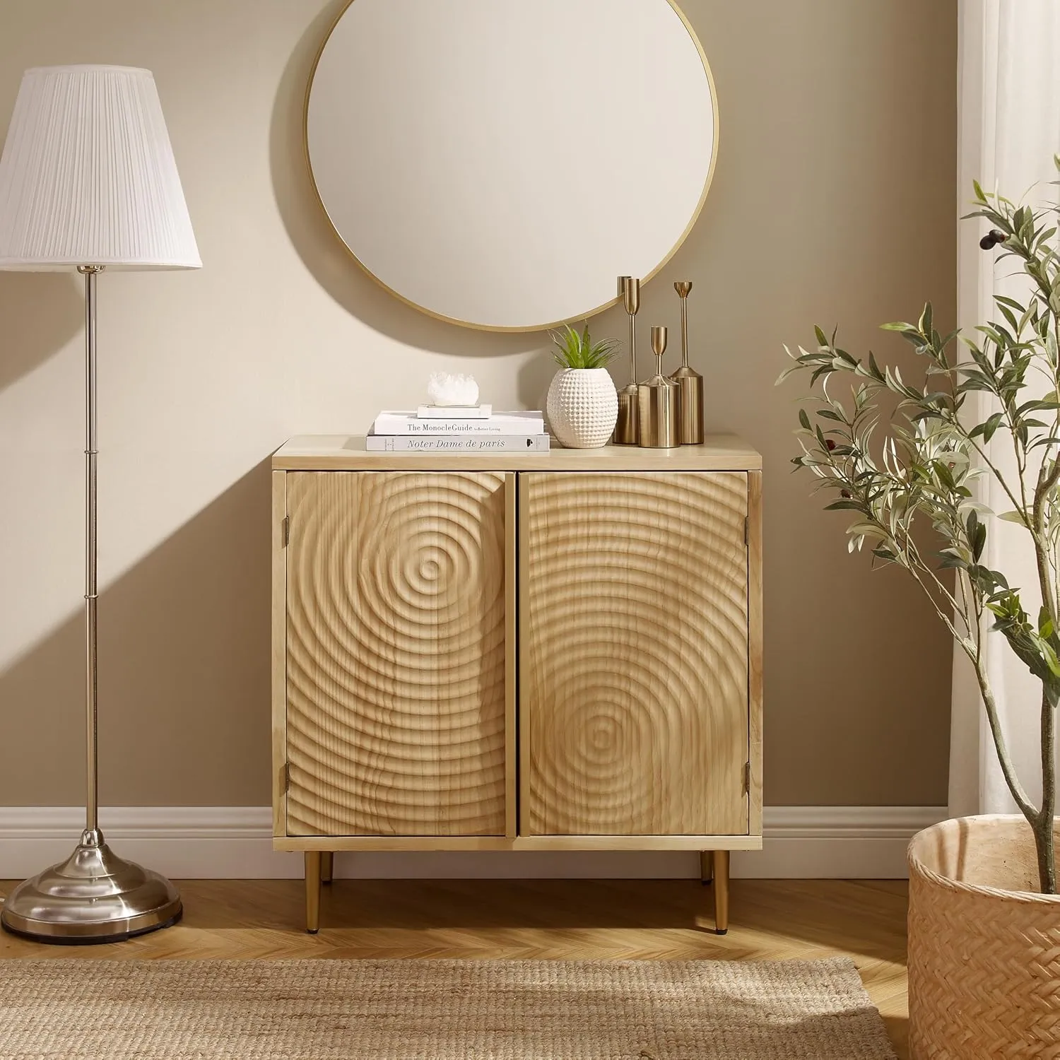 Zouron Wooden Sideboard, Buffet with Storage, 2-Door Accent Cabinet with Circle Ring Grain Design, Console Table for Living Room, Kitchen, Entryway