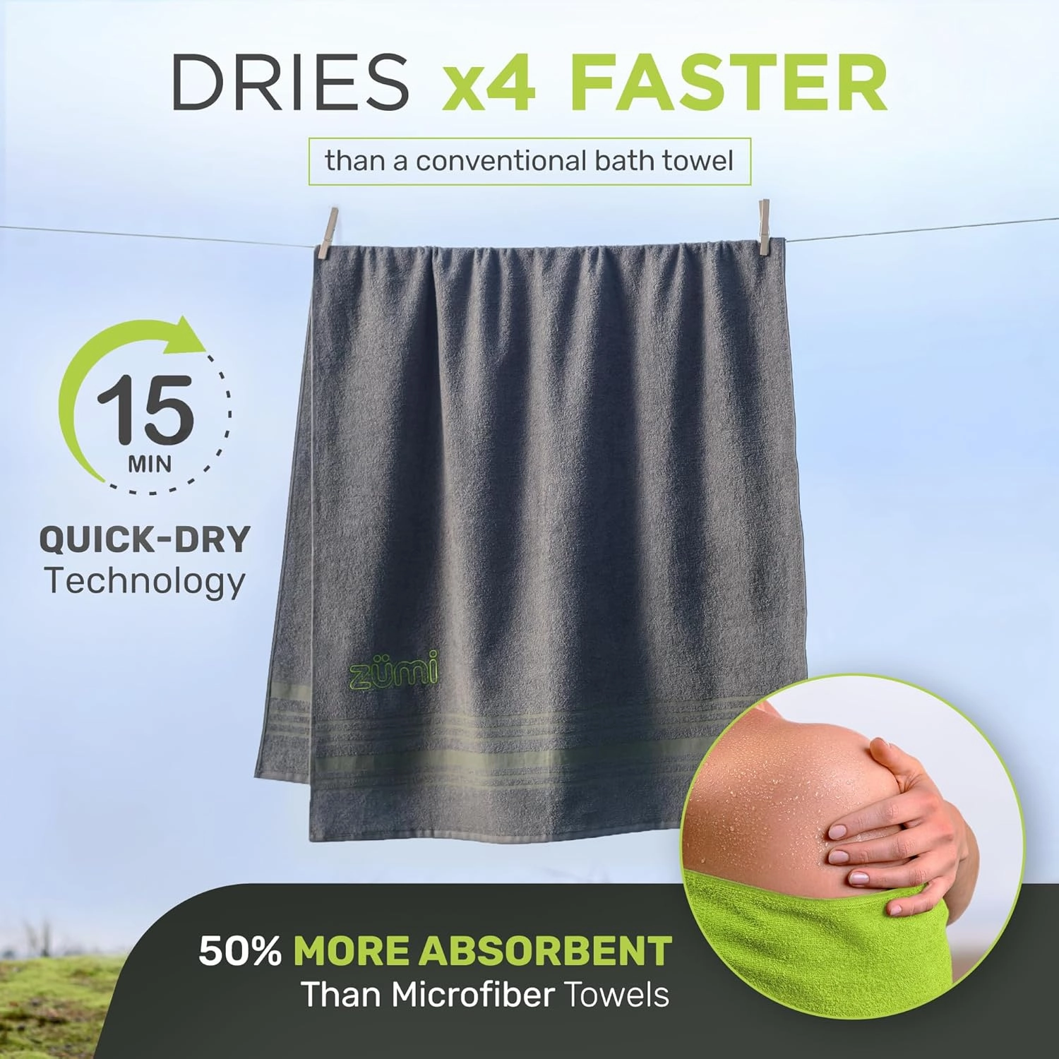 Zumi 100% Cotton Quick Dry Large Travel Towel - Soft, Thin, Compact, Highly Absorbent, Lightweight Camping Towel for Beach, Gym, Bath, Shower, Swimming, Dorm, RV - Gray